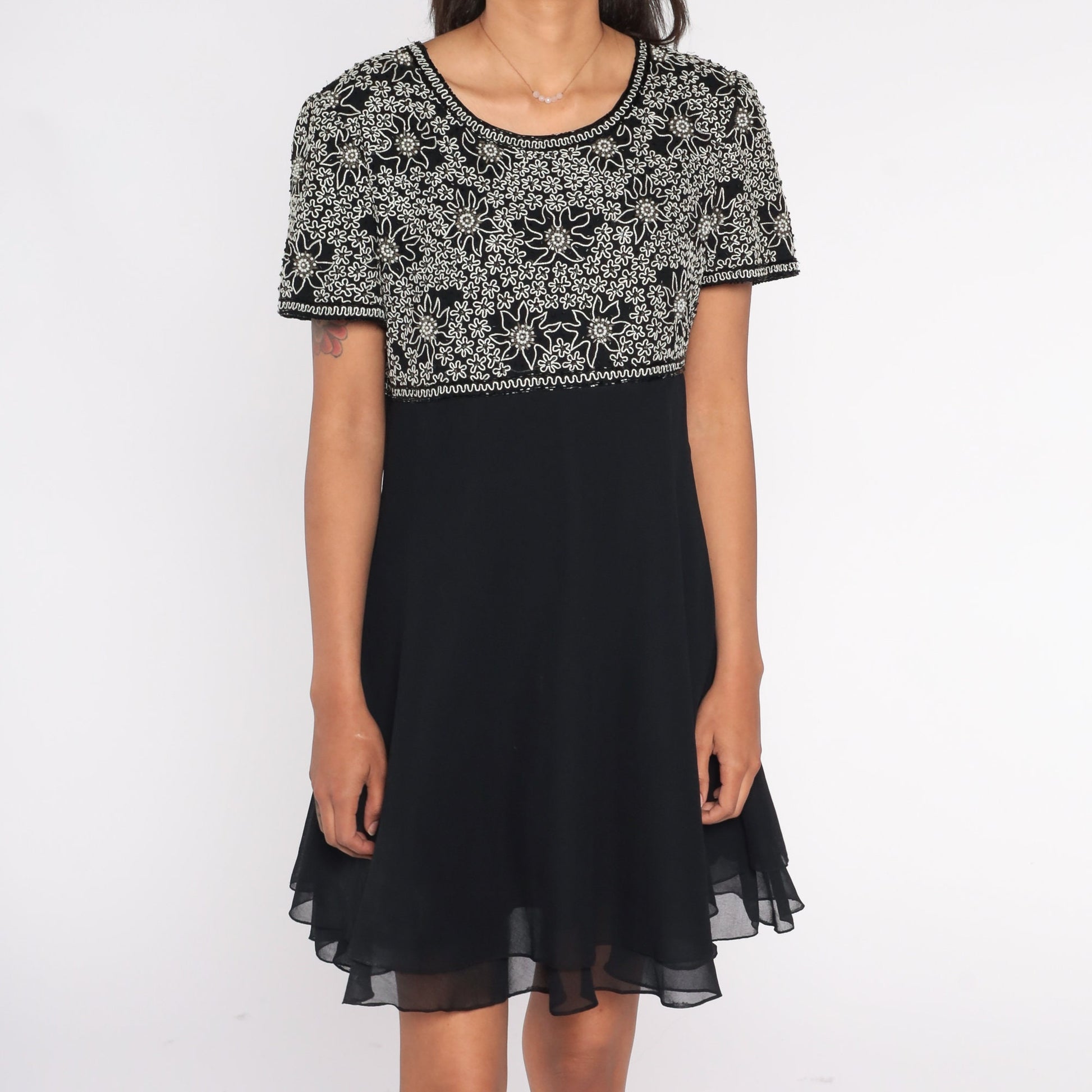 Y2K Black Floral Beaded Empire Waist Mini Dress Chiffon Short Sleeve Large L