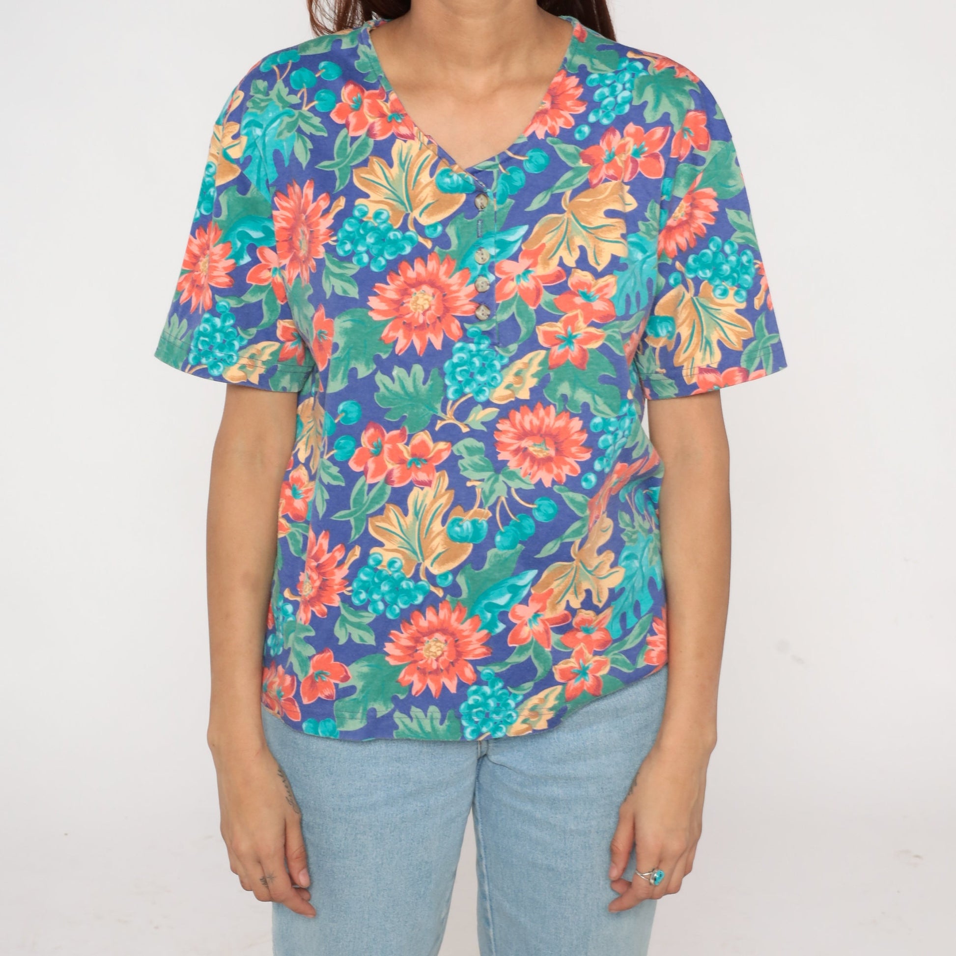 90s Floral Fruit Print Henley Shirt Short Sleeve Button Up Large L