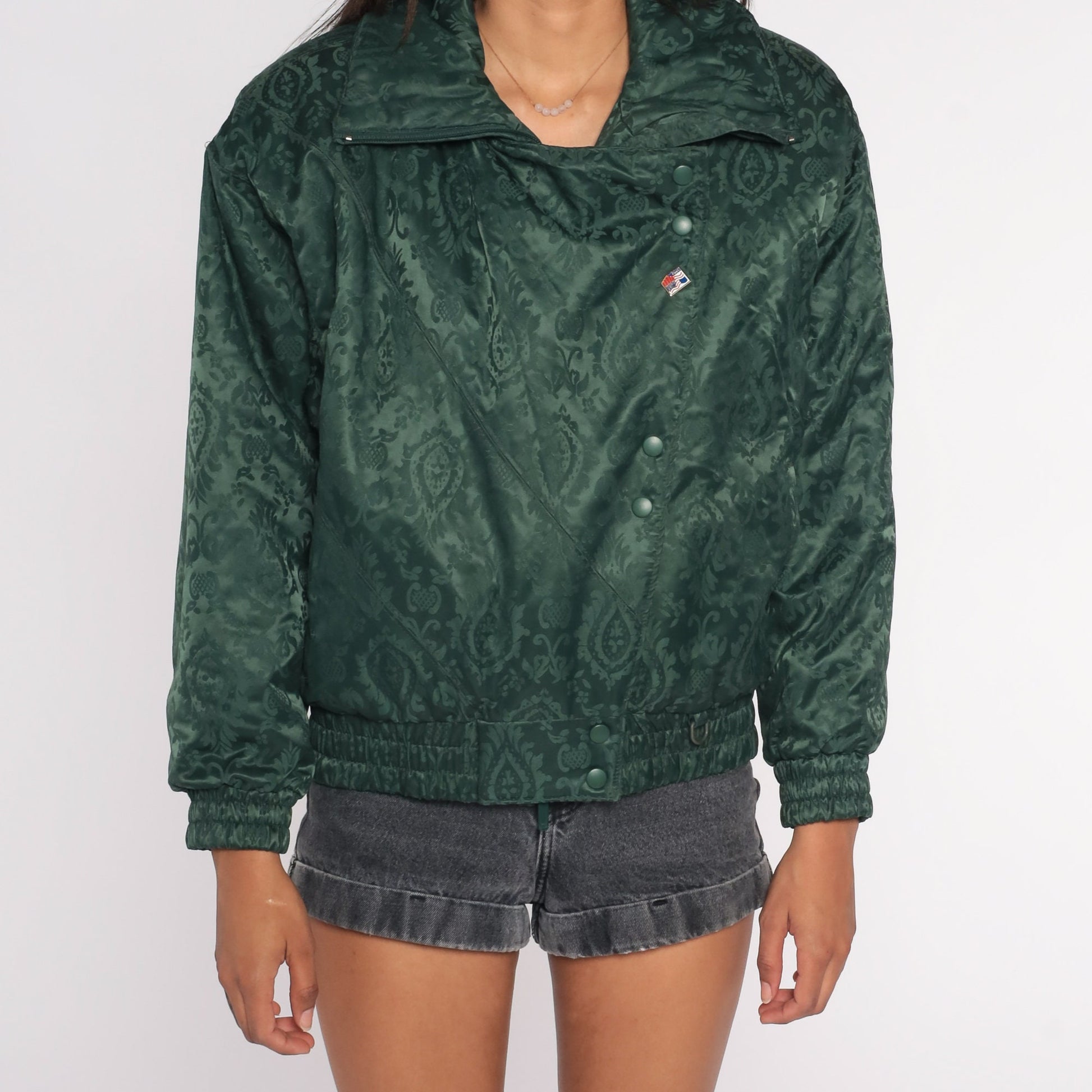 90s Brocade Floral Bomber Jacket Dark Green Embossed Zip Snap Medium