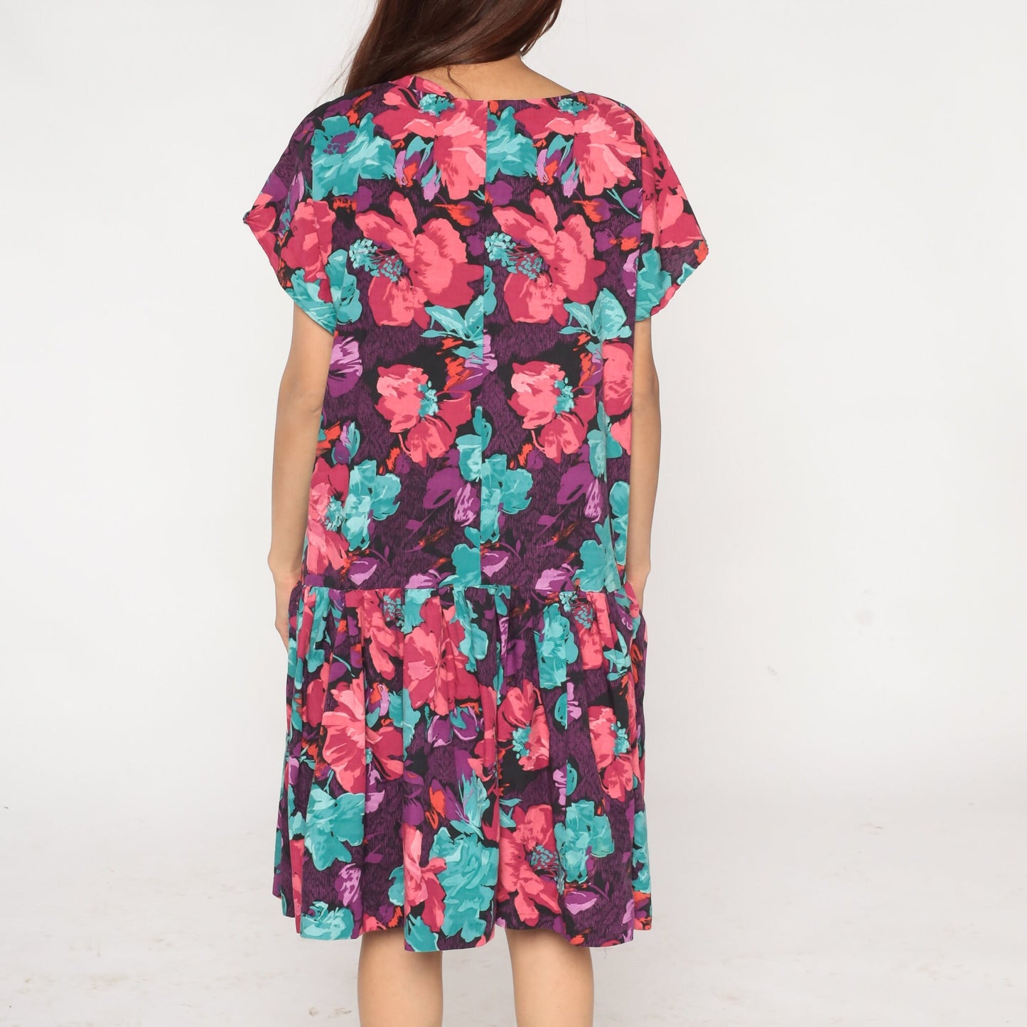 90s Floral Drop Waist Midi Dress Purple Multicolor Short Sleeve Medium