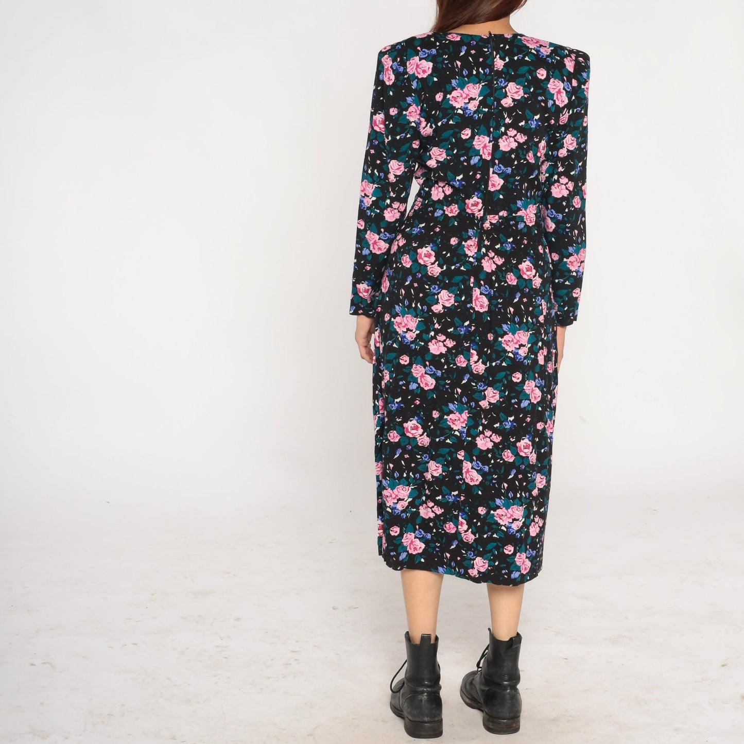 90s Black Floral Midi Dress Power Shoulders Pockets Long Sleeve Medium 10