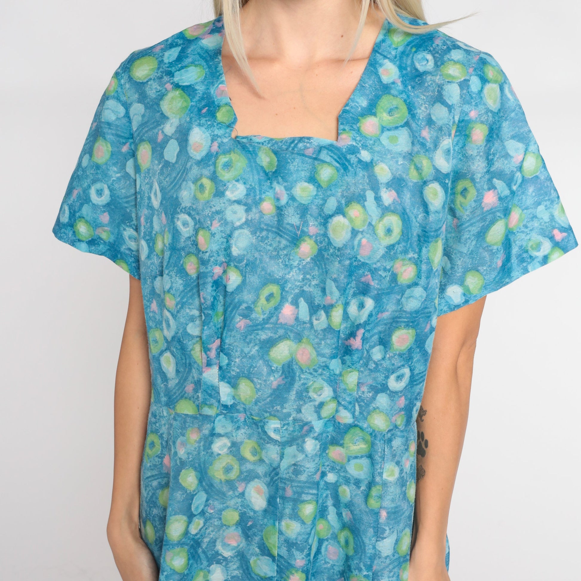 1960s Blue Abstract Dot Midi Dress Short Sleeve High Waist Large L