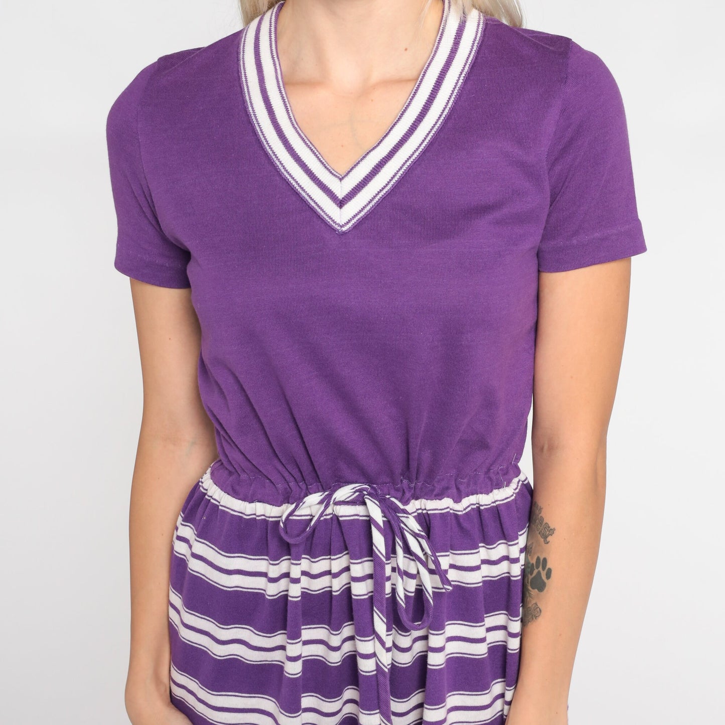 70s Purple Striped Mini Dress V Neck Ringer Short Sleeve Drawstring Waist Small