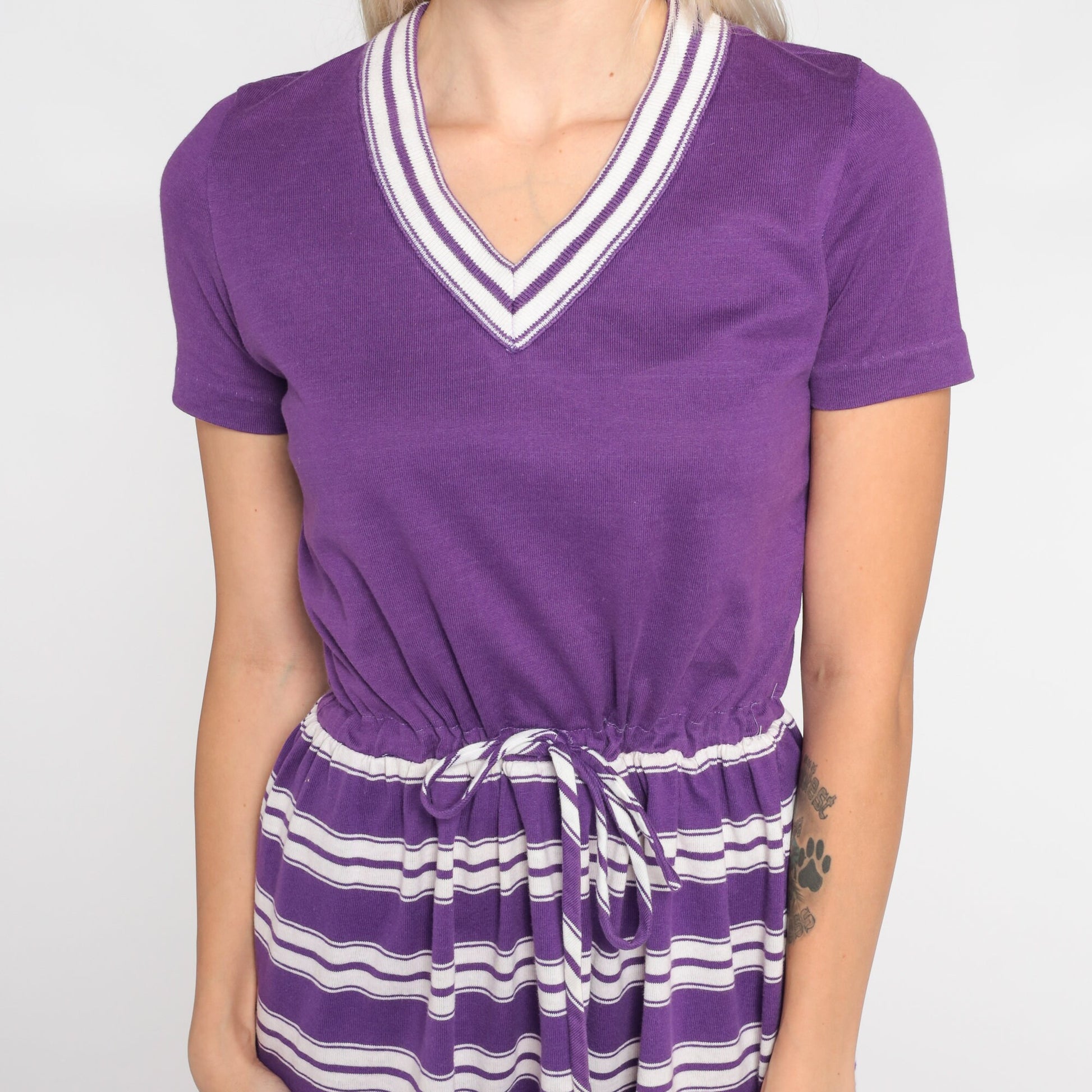 70s Purple Striped Mini Dress V Neck Ringer Short Sleeve Drawstring Waist Small