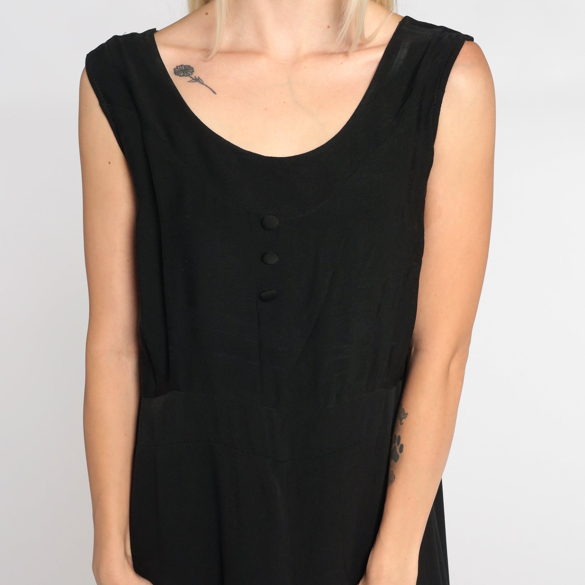 90s Black Maxi Dress Sleeveless High Waist Decorative Buttons Small