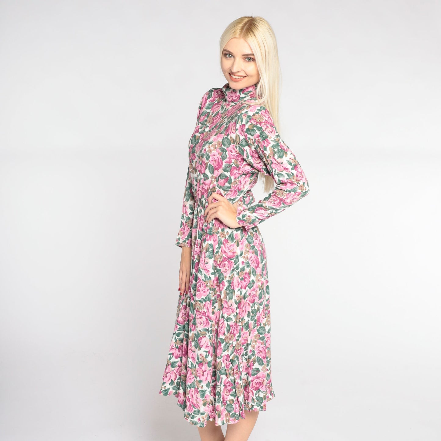 90s Floral Midi Dress White Mock Neck Long Sleeve High Waist Medium 8