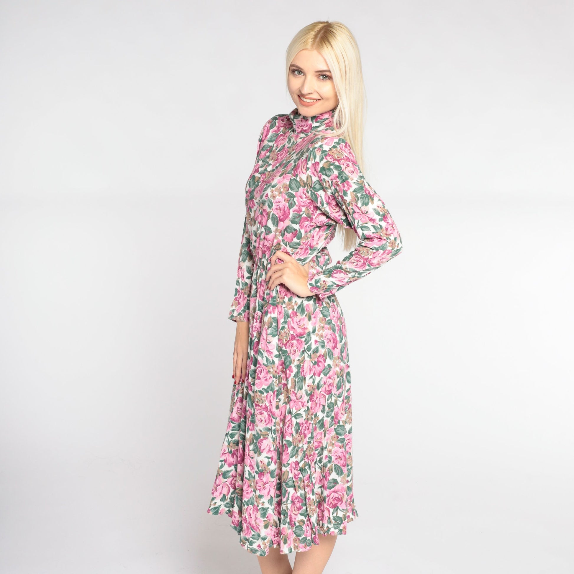 90s Floral Midi Dress White Mock Neck Long Sleeve High Waist Medium 8