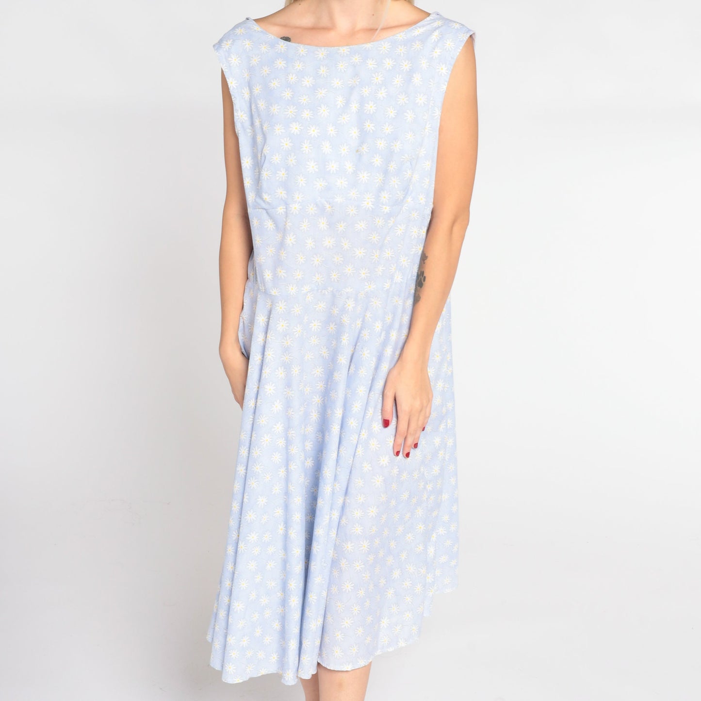 90s Blue Daisy Print Midi Dress High Waist Low Back Sleeveless Large