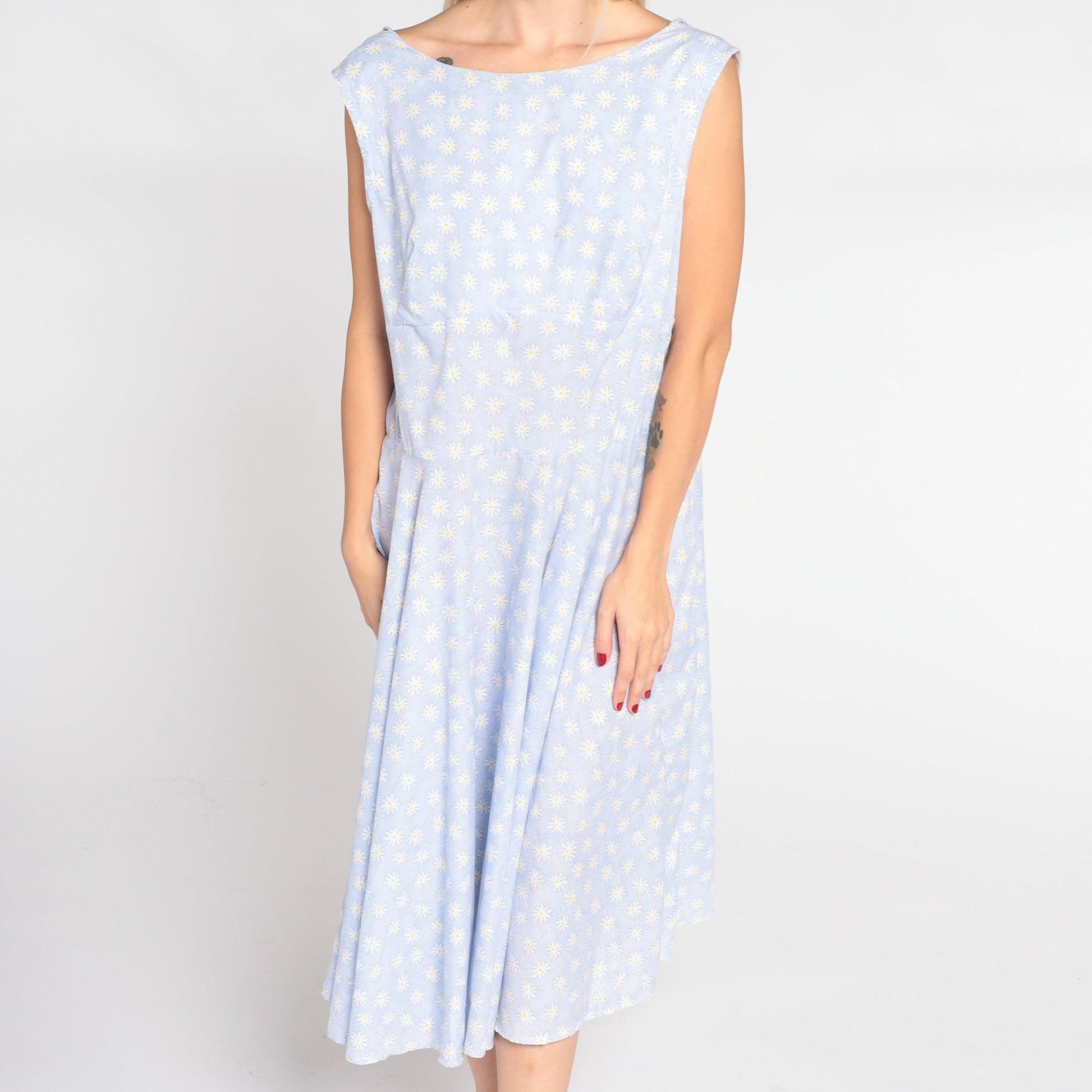 90s Blue Daisy Print Midi Dress High Waist Low Back Sleeveless Large