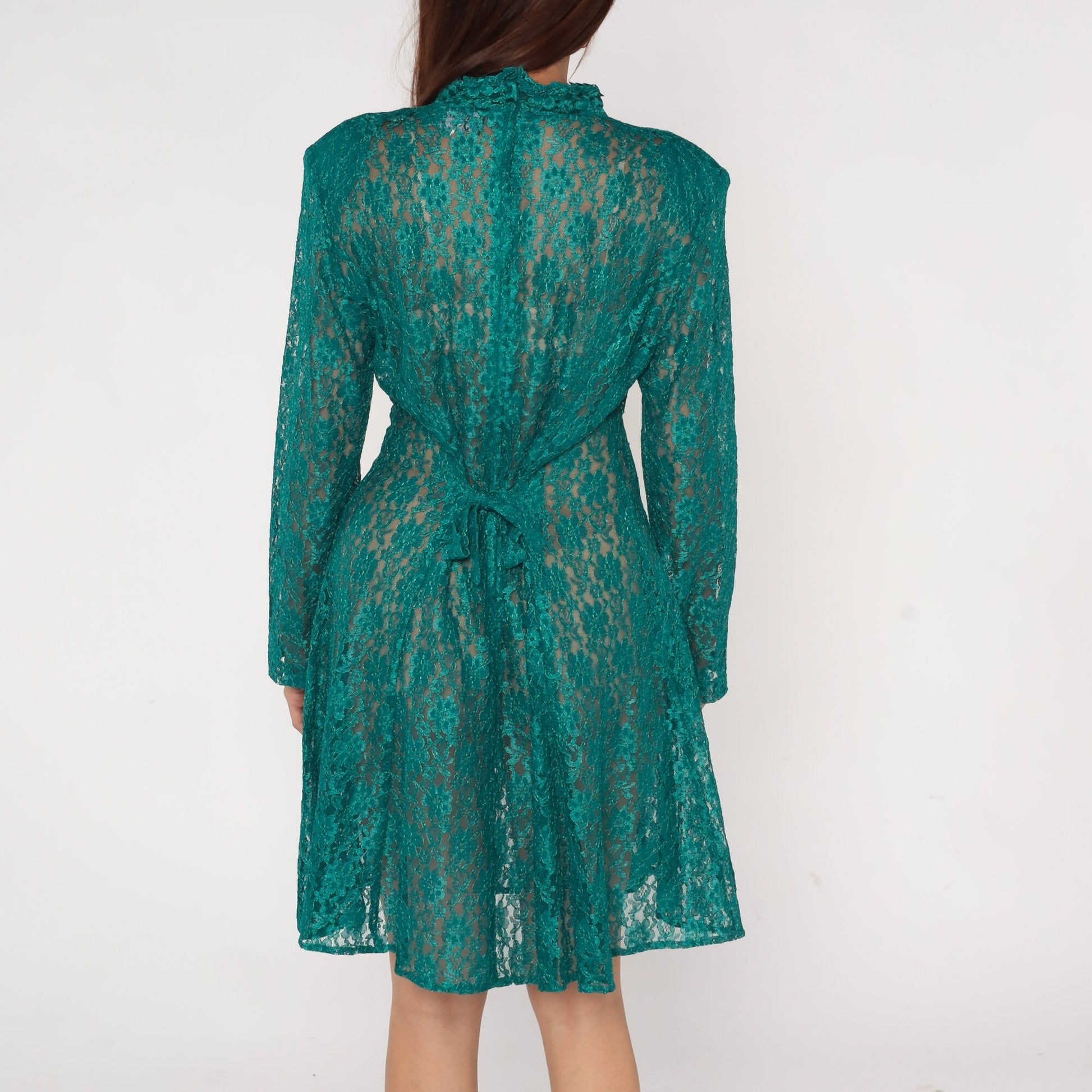 90s Green Lace Mini Dress Keyhole Neckline Long Sleeve Medium