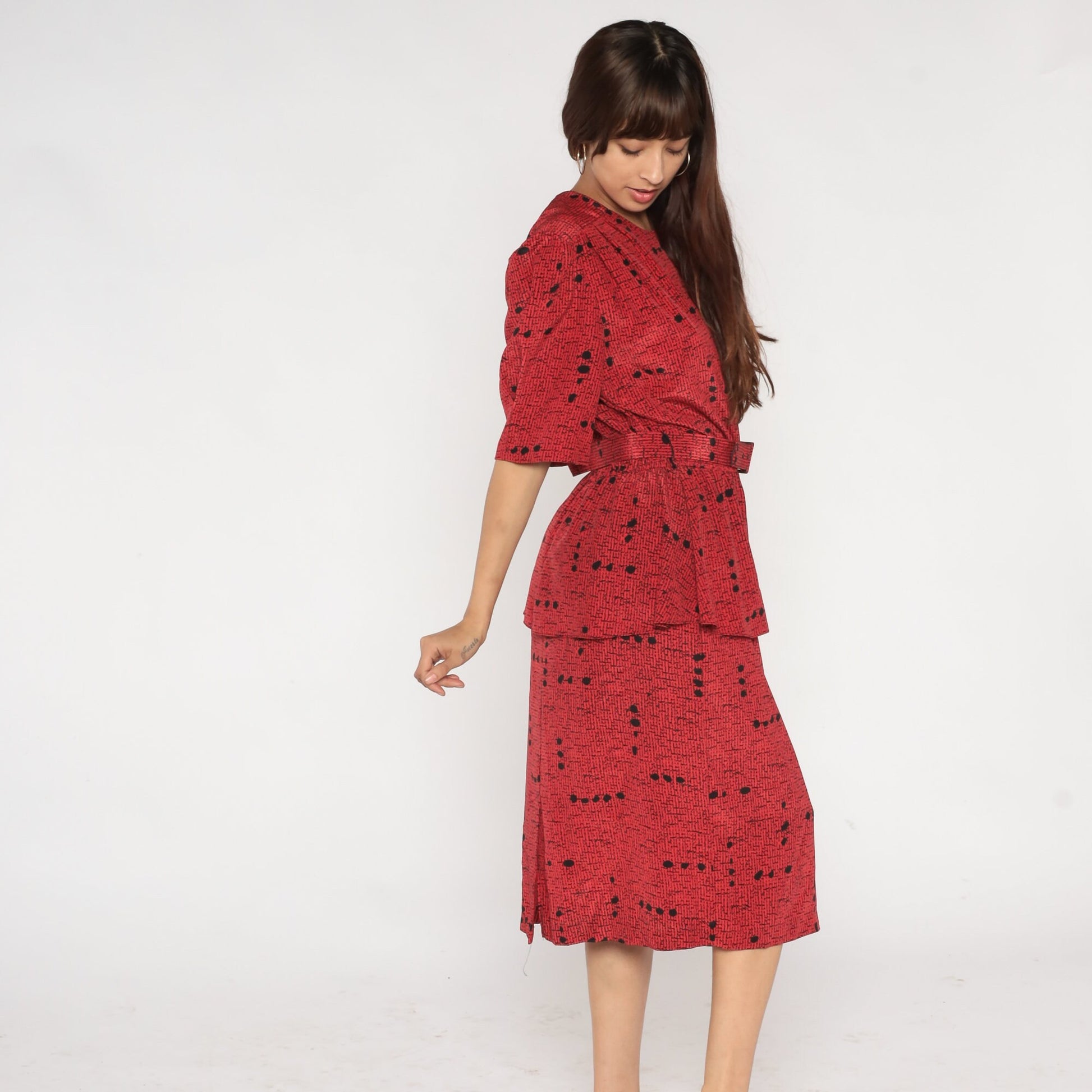80s Red Speckled Dot Print Peplum Dress Puff Sleeve High Waist Midi Large