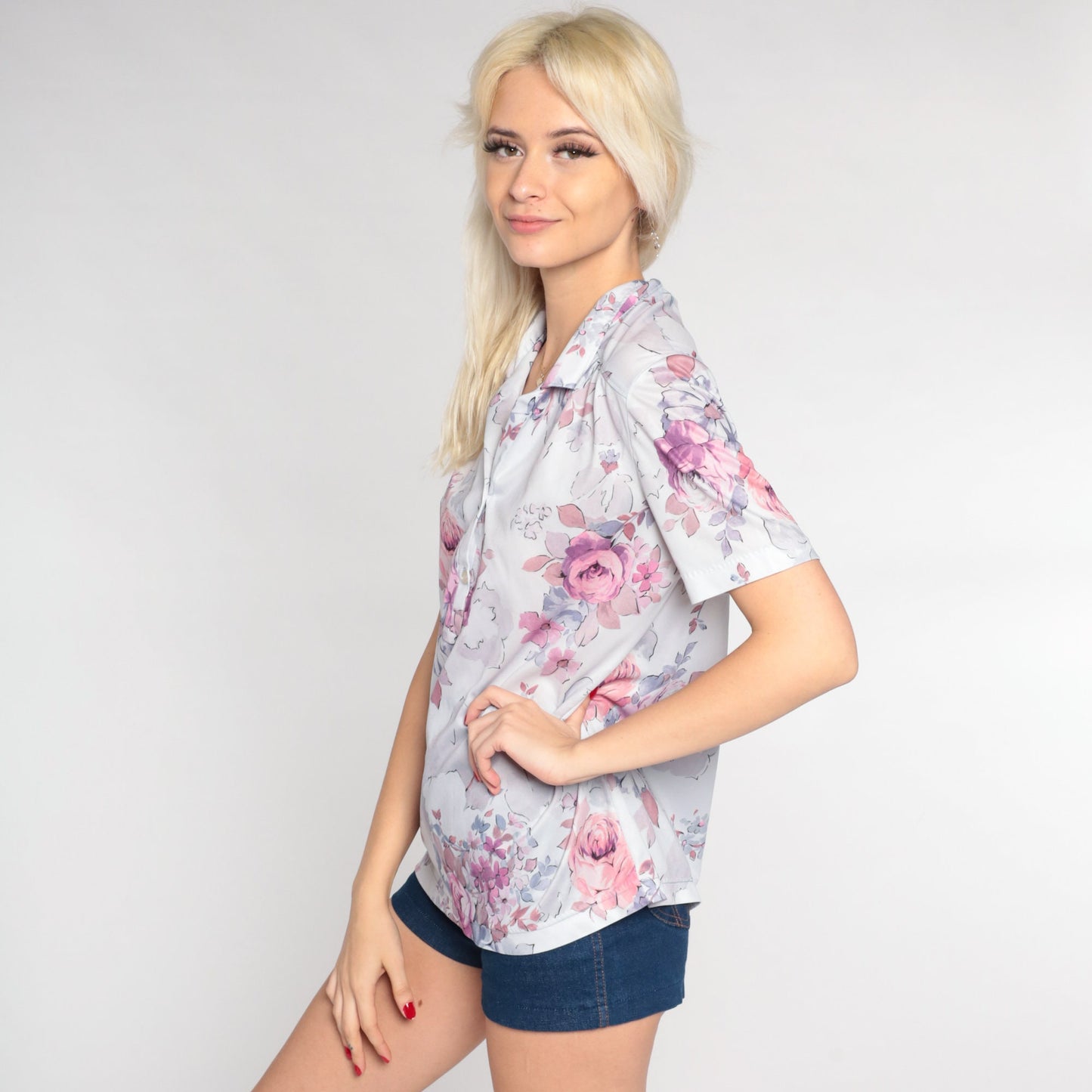 70s Lavender Floral Rose Print Collared Blouse Short Sleeve V Neck Medium Large
