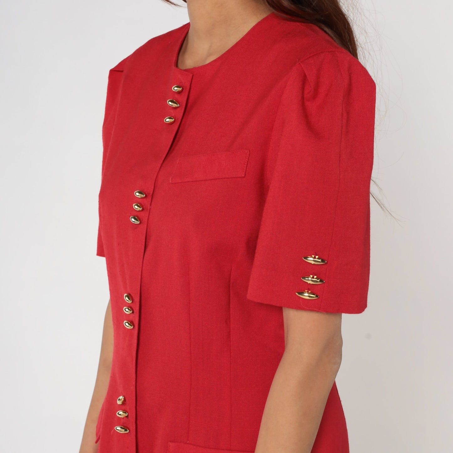 80s Leslie Fay Red Midi Sheath Dress Gold Buttons Puff Sleeve Medium