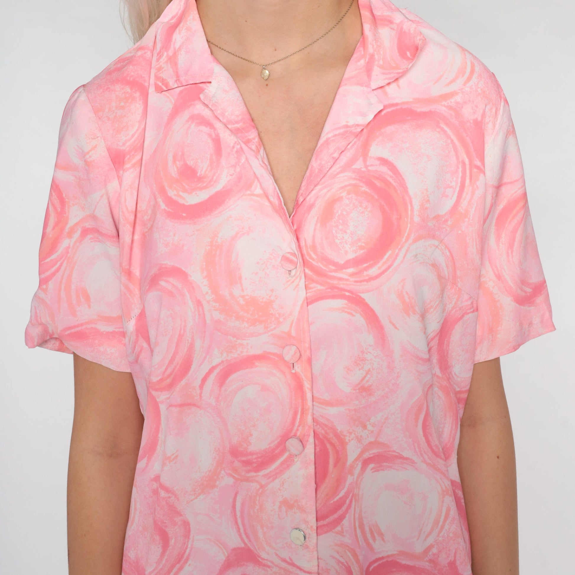 60s Pink Abstract Brushstroke Shift Dress Button-Up Mini Short Sleeve Medium