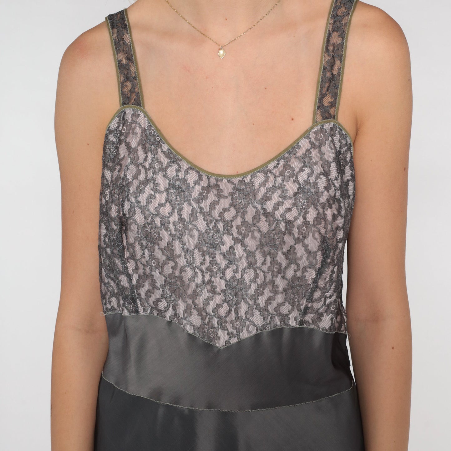 60s Barbizon Lace Slip Dress Grey Floral Empire Waist Midi Medium M