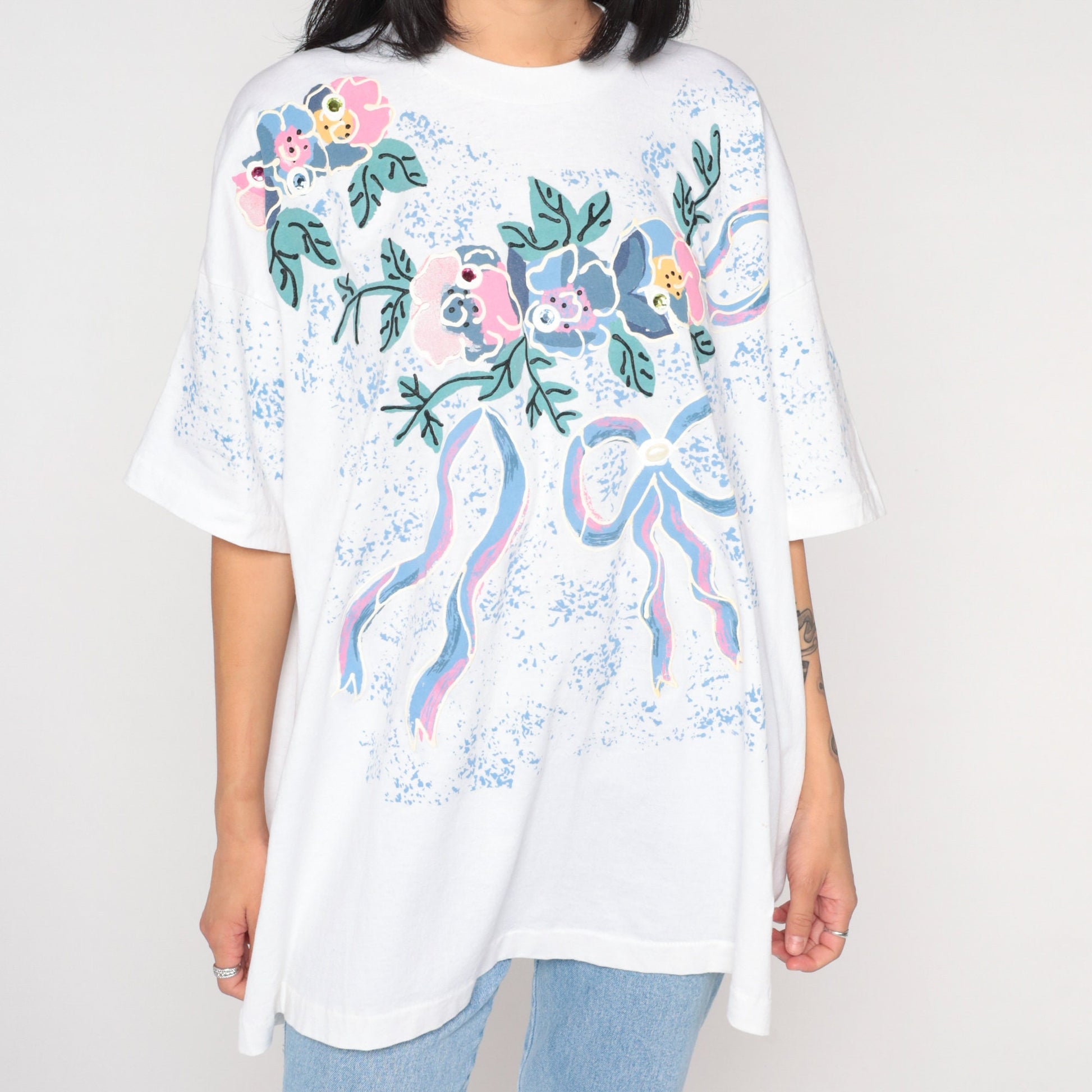 90s Gem Floral Graphic T-Shirt Rhinestone Flower Print White Extra Large