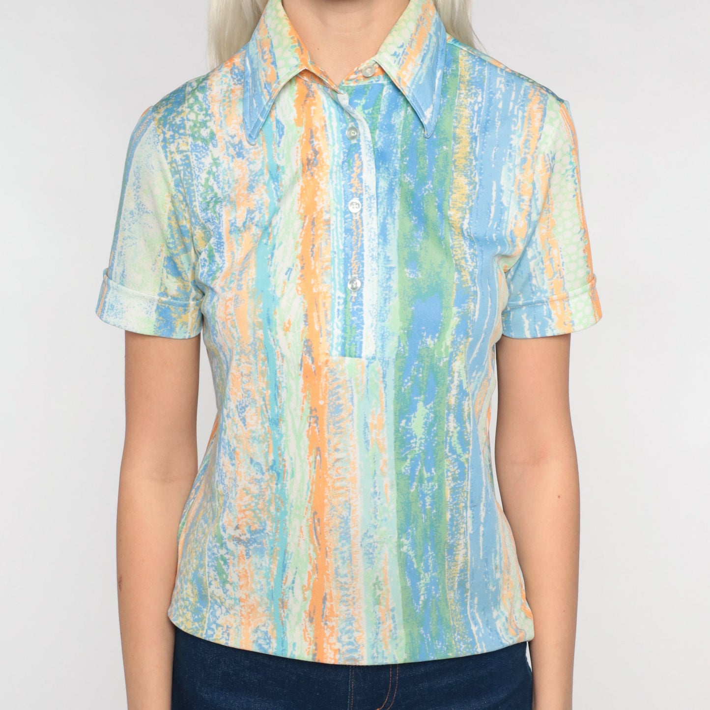 70s Striped Brushstroke Polo Shirt Half Button Short Sleeve Blue Green Orange Small