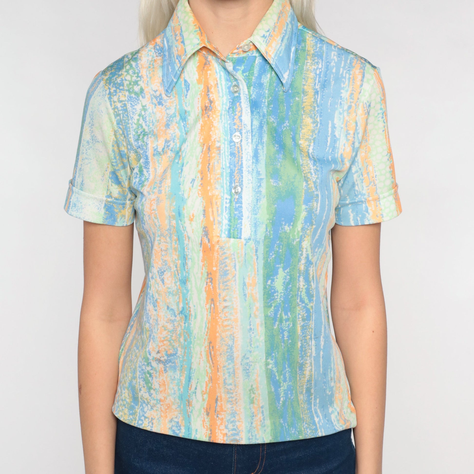 70s Striped Brushstroke Polo Shirt Half Button Short Sleeve Blue Green Orange Small