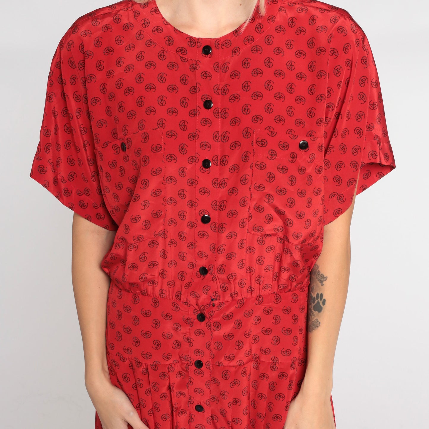 90s Liz Claiborne Red Paisley Dot Midi Shirt Dress Pleated Button-Up Medium 8