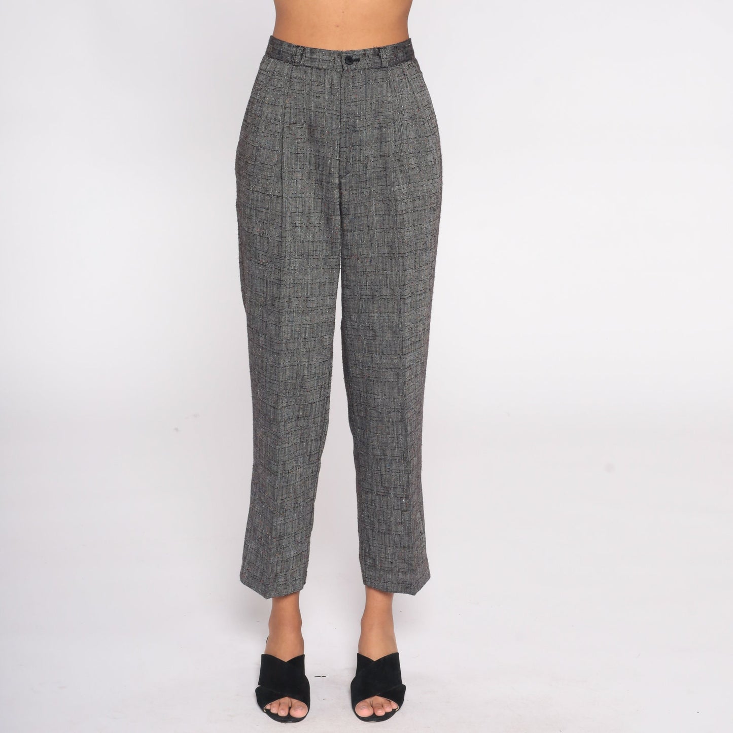 90s Grey Pleated High-Waist Trousers Tapered Small 26