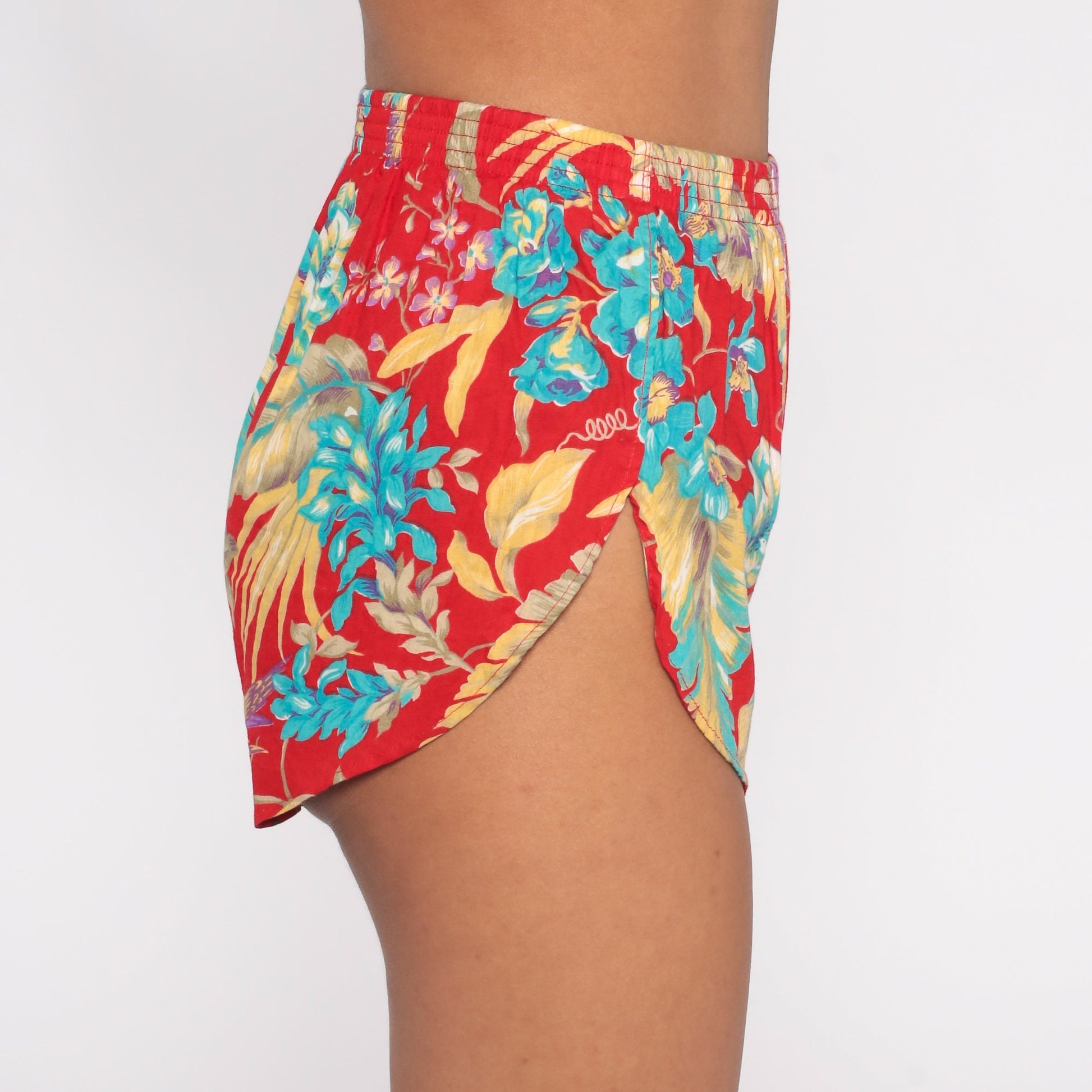 80s Red Floral High-Waist Running Shorts Tropical Gym Jogging Extra Small
