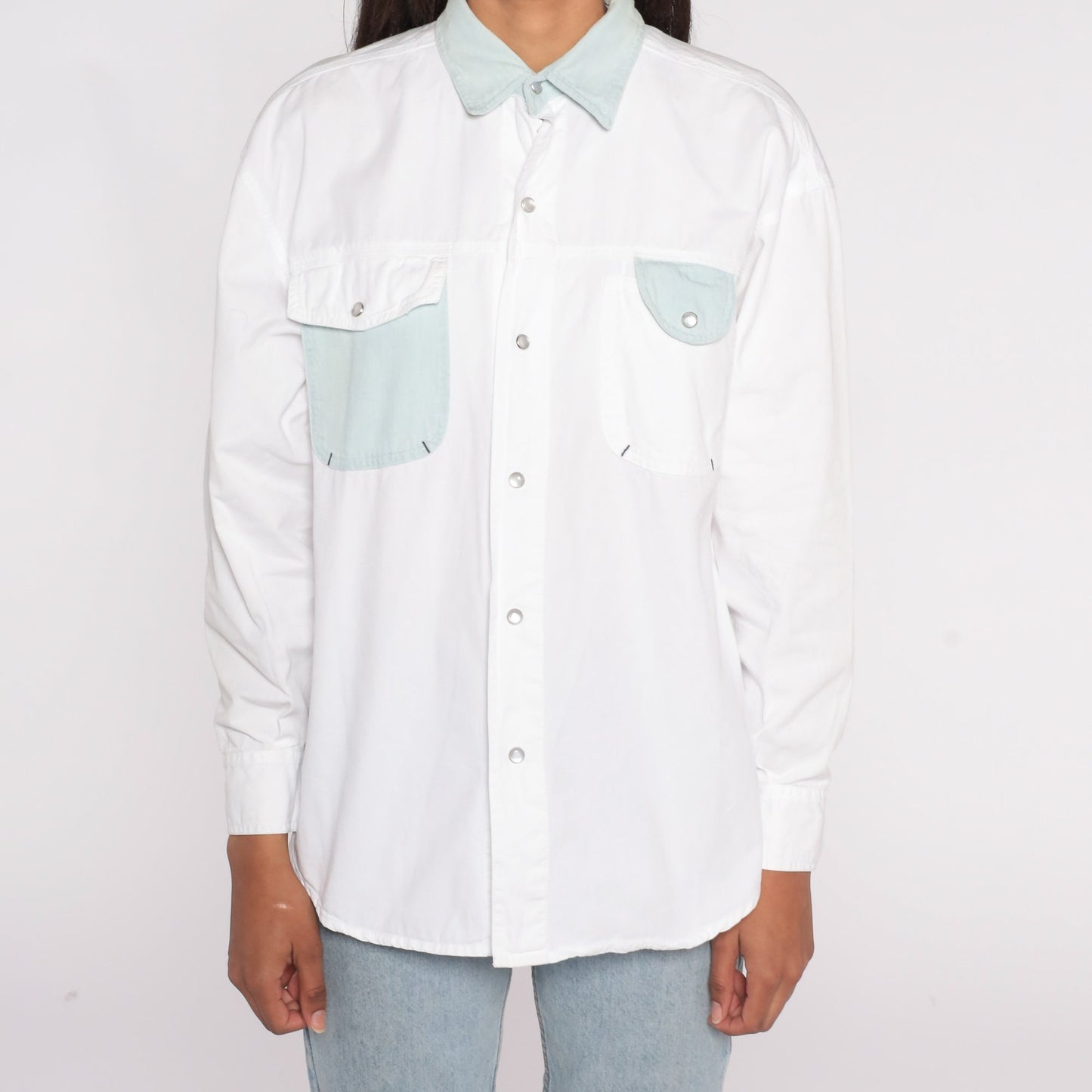 90s White Pearl Snap Western Shirt Long Sleeve Cowboy Button Up Large