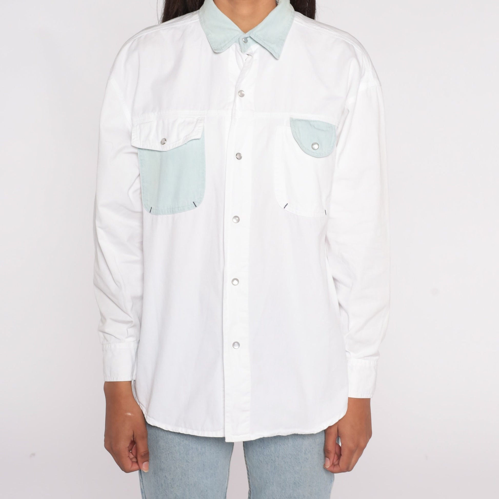 90s White Pearl Snap Western Shirt Long Sleeve Cowboy Button Up Large