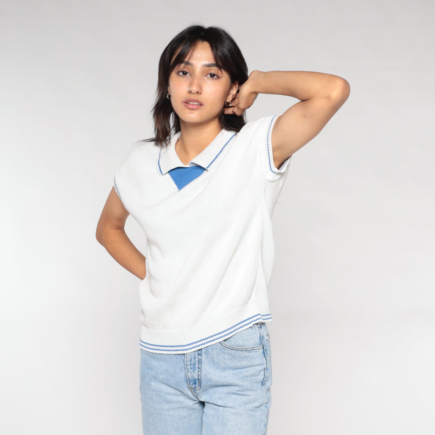 90s White Knit Polo Cap Sleeve Collared Sweater Top Blue Trim Small S