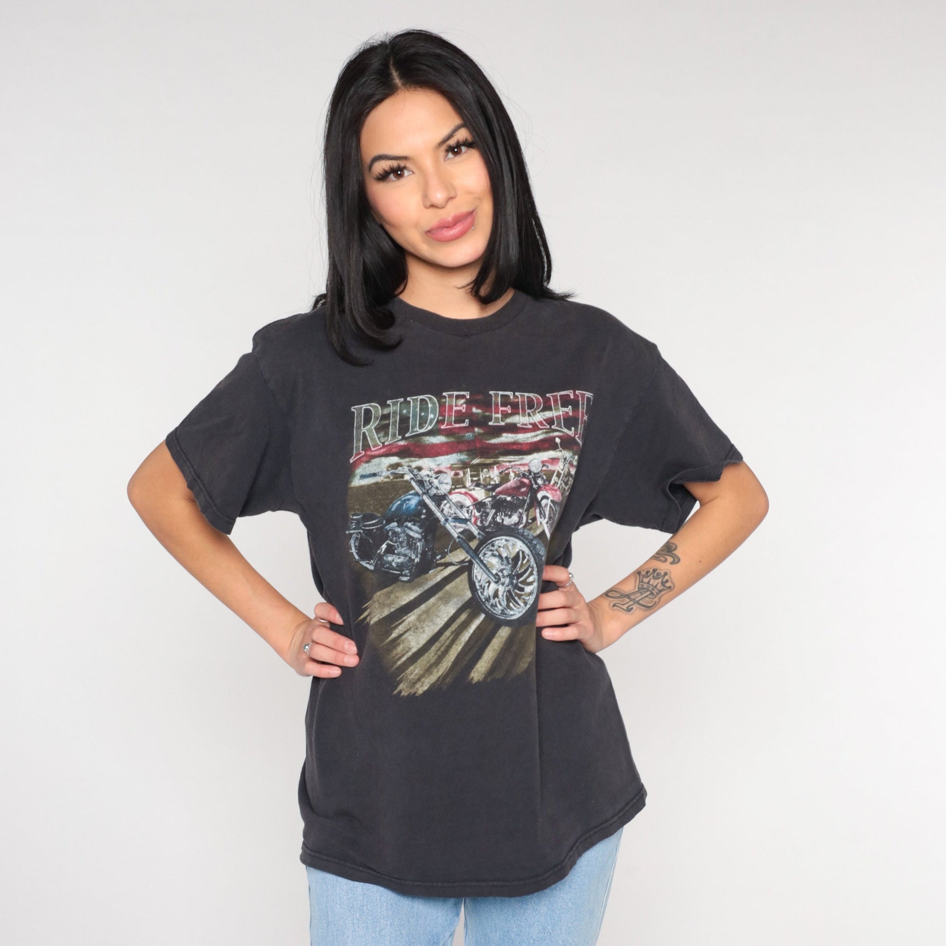 00s Motorcycle Ride Free Graphic T-Shirt American Flag Black Medium