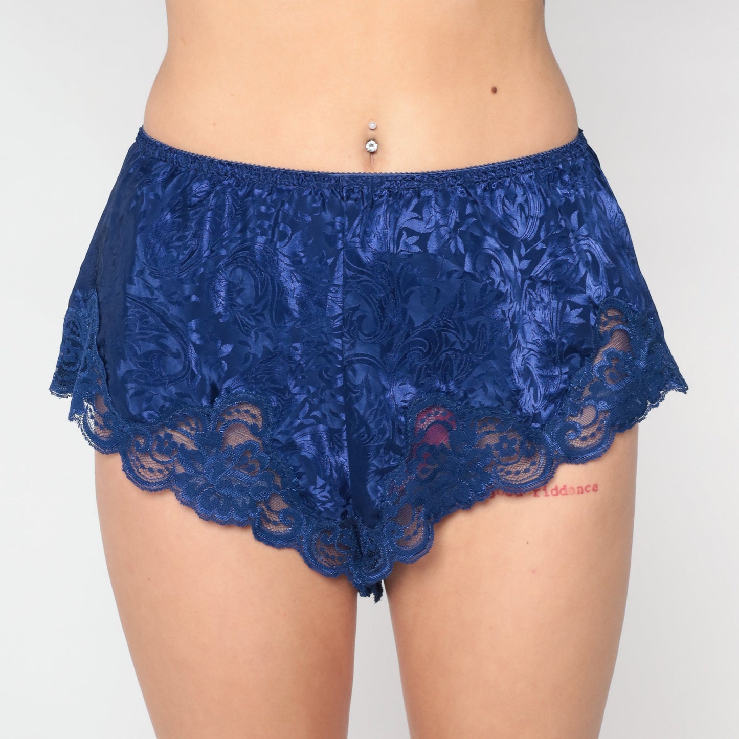 90s Indigo Satin Tap Shorts Floral Embossed Lace Trim Sleep Shorts Small Medium