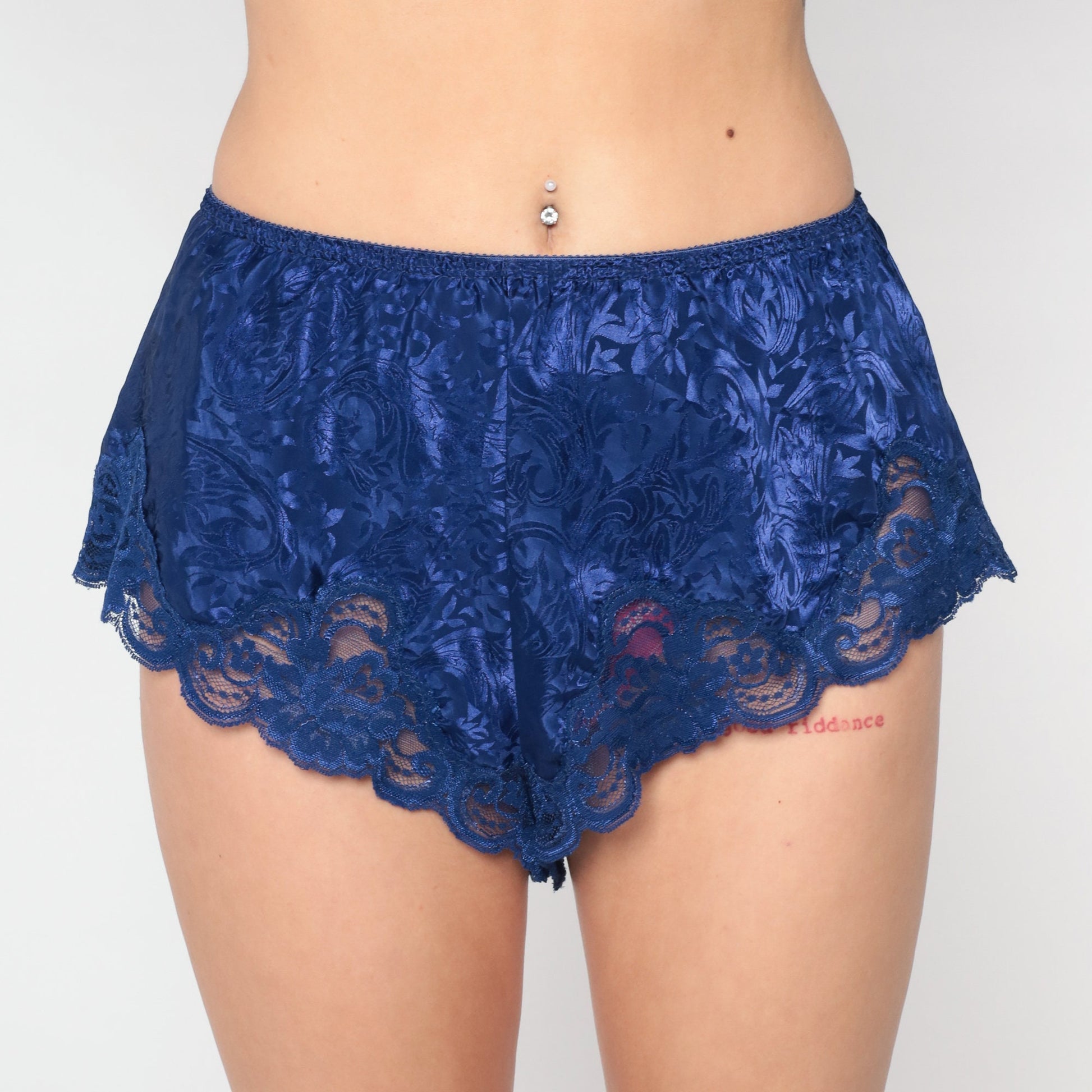 90s Indigo Satin Tap Shorts Floral Embossed Lace Trim Sleep Shorts Small Medium