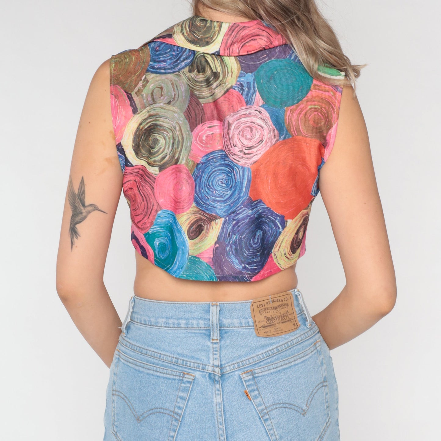 70s Swirl Print Sleeveless Crop Top Button-Up Shirt Small S