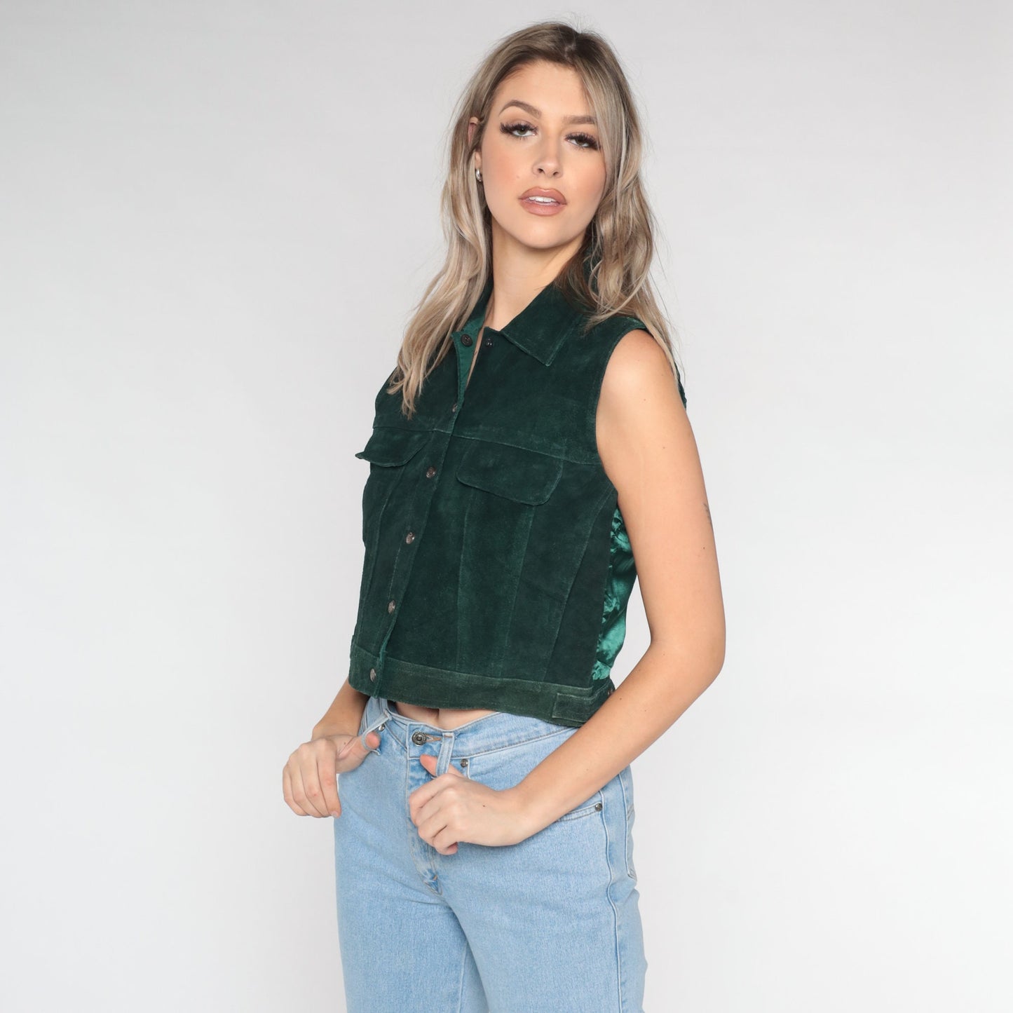 90s Dark Green Suede Leather Snap-Front Vest Small S