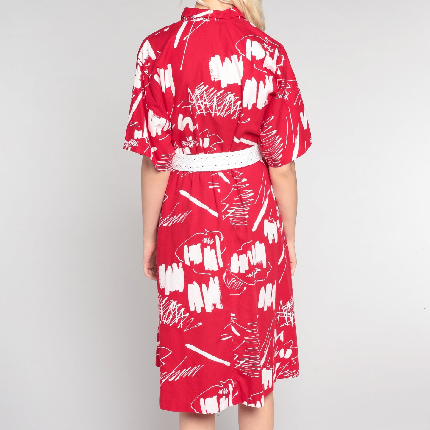 80s Brushstroke Print Midi Shirt Dress High Waist Button Up Red White Medium