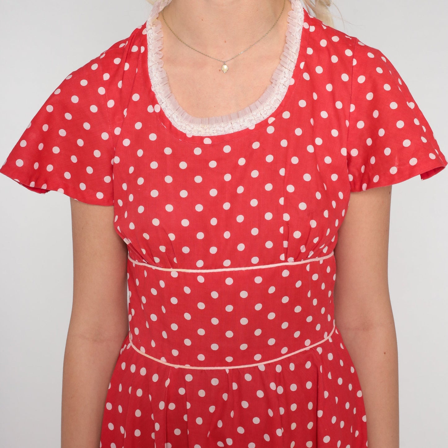 70s Red Polka Dot Mini Dress Flutter Sleeve Full Skirt High Waist Extra Small