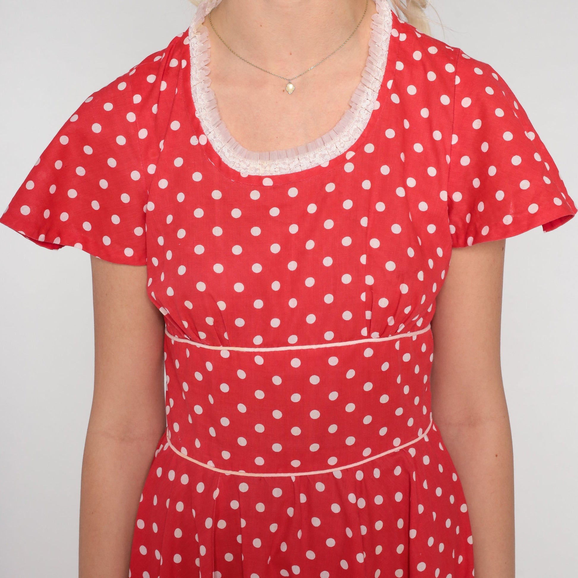 70s Red Polka Dot Mini Dress Flutter Sleeve Full Skirt High Waist Extra Small