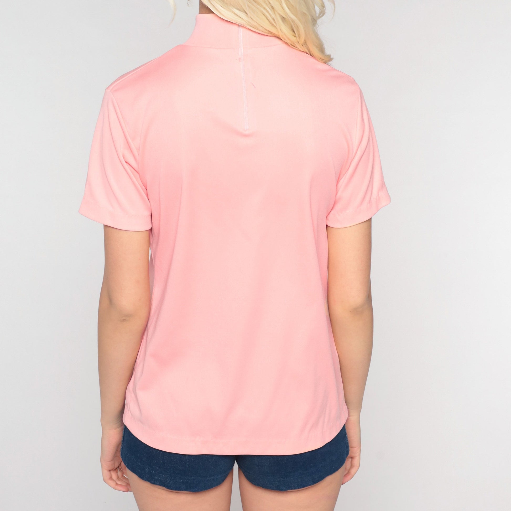 70s Mock Neck Shirt Peach Pink Short Sleeve Blouse Small S