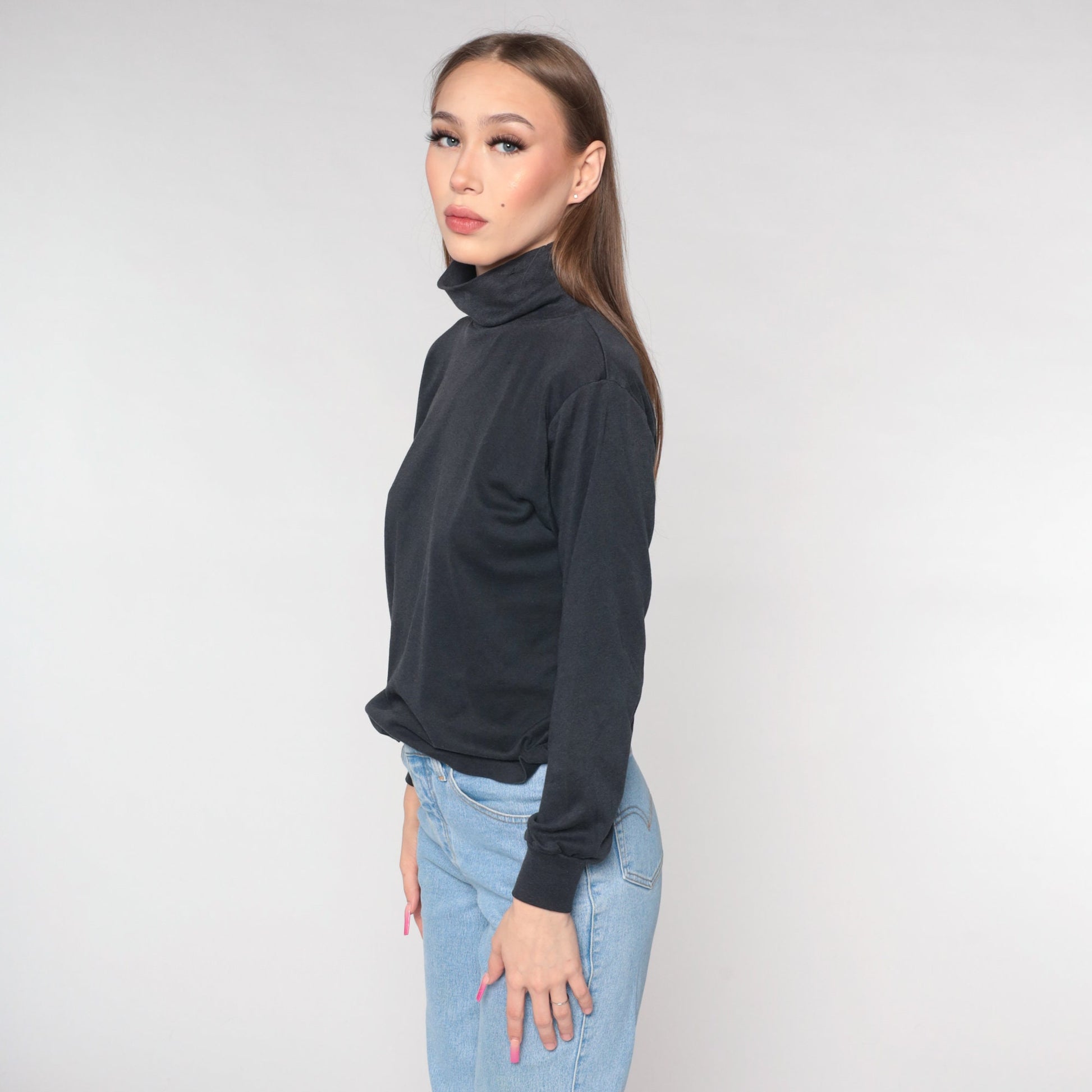 90s Black Turtleneck Long Sleeve Shirt Plain Cotton Medium