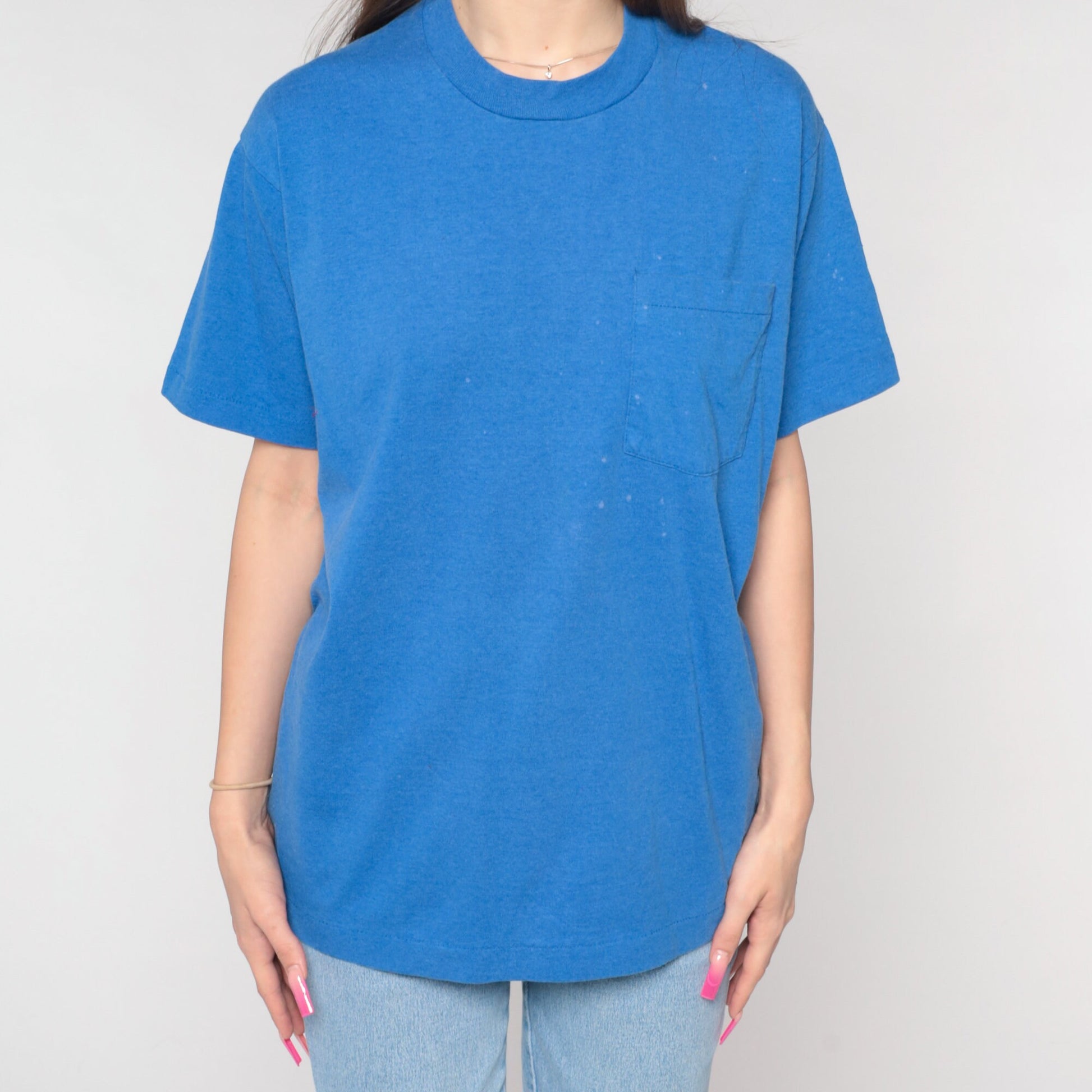 90s Blue Pocket T-Shirt Distressed Bleach Marks Cotton Large