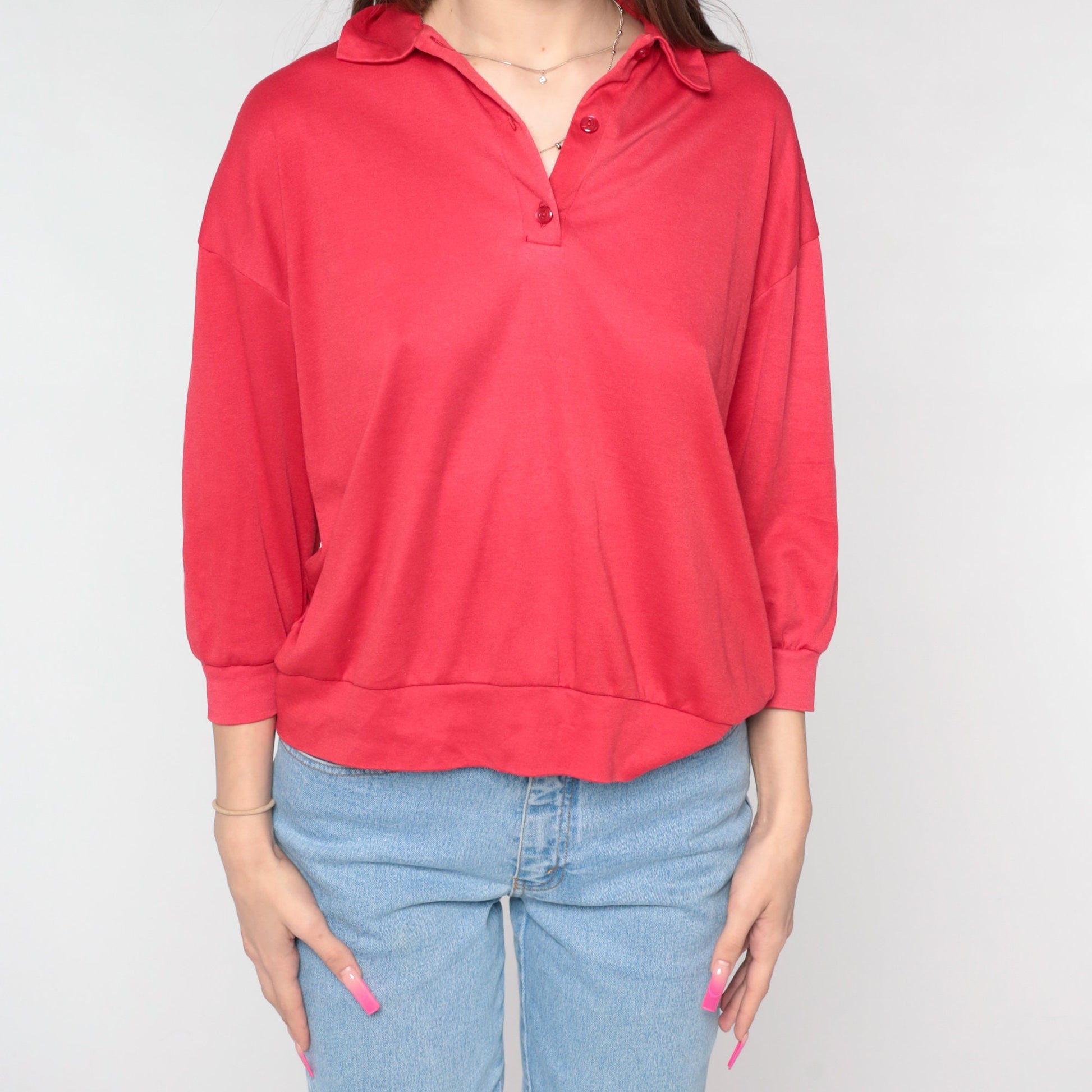 80s Red Quarter-Button Collared Sweatshirt Slouchy Pullover Medium