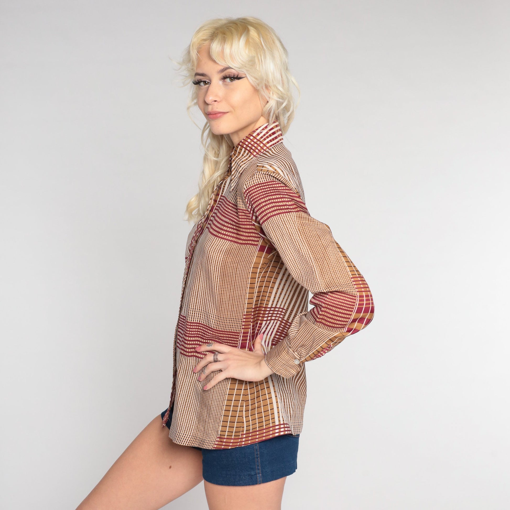70s Checkered Button-Up Shirt Red Brown Dagger Collar Long Sleeve Small
