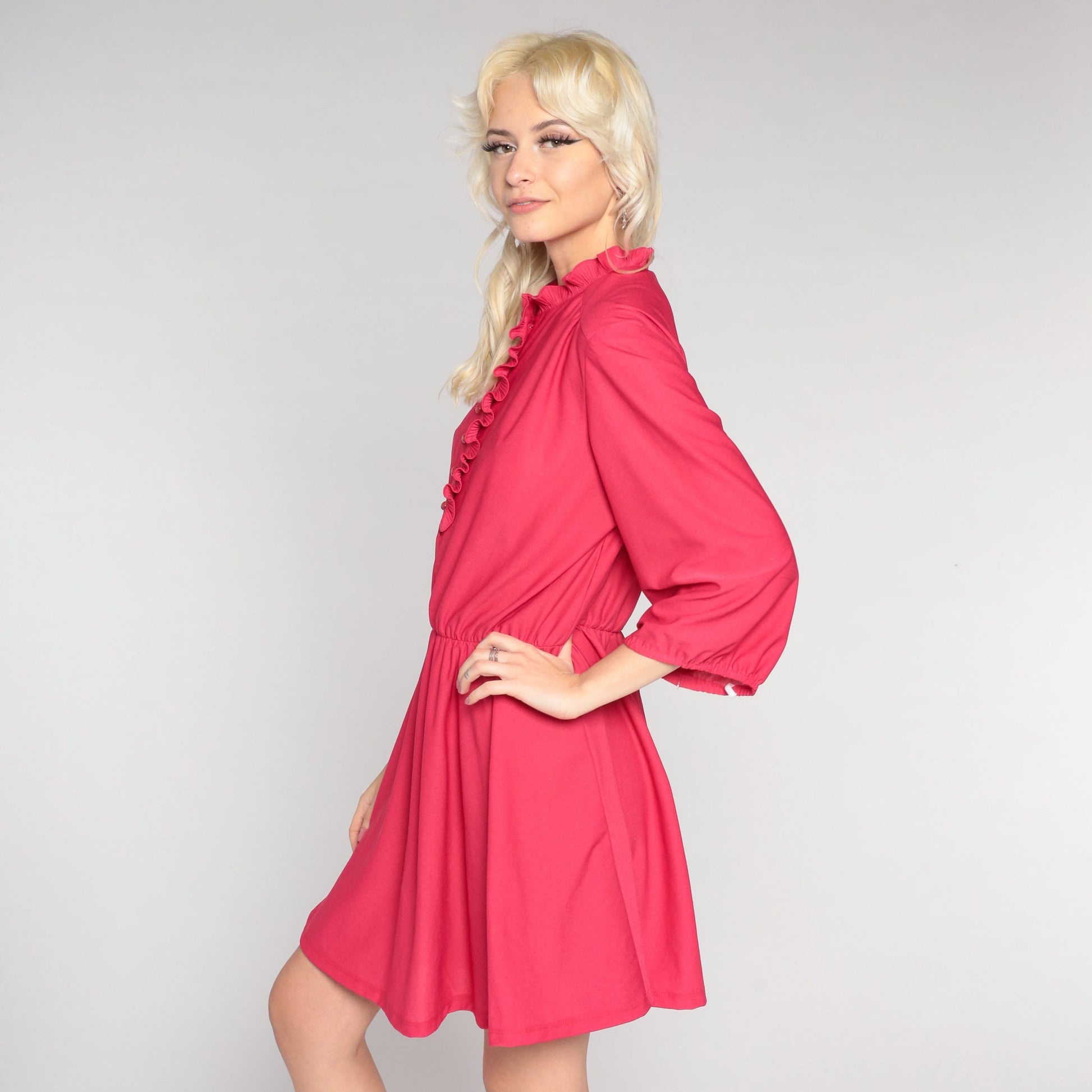 80s Bright Pink Shirtwaist Mini Dress Ruffle Collar Button-Up 3/4 Sleeve Large