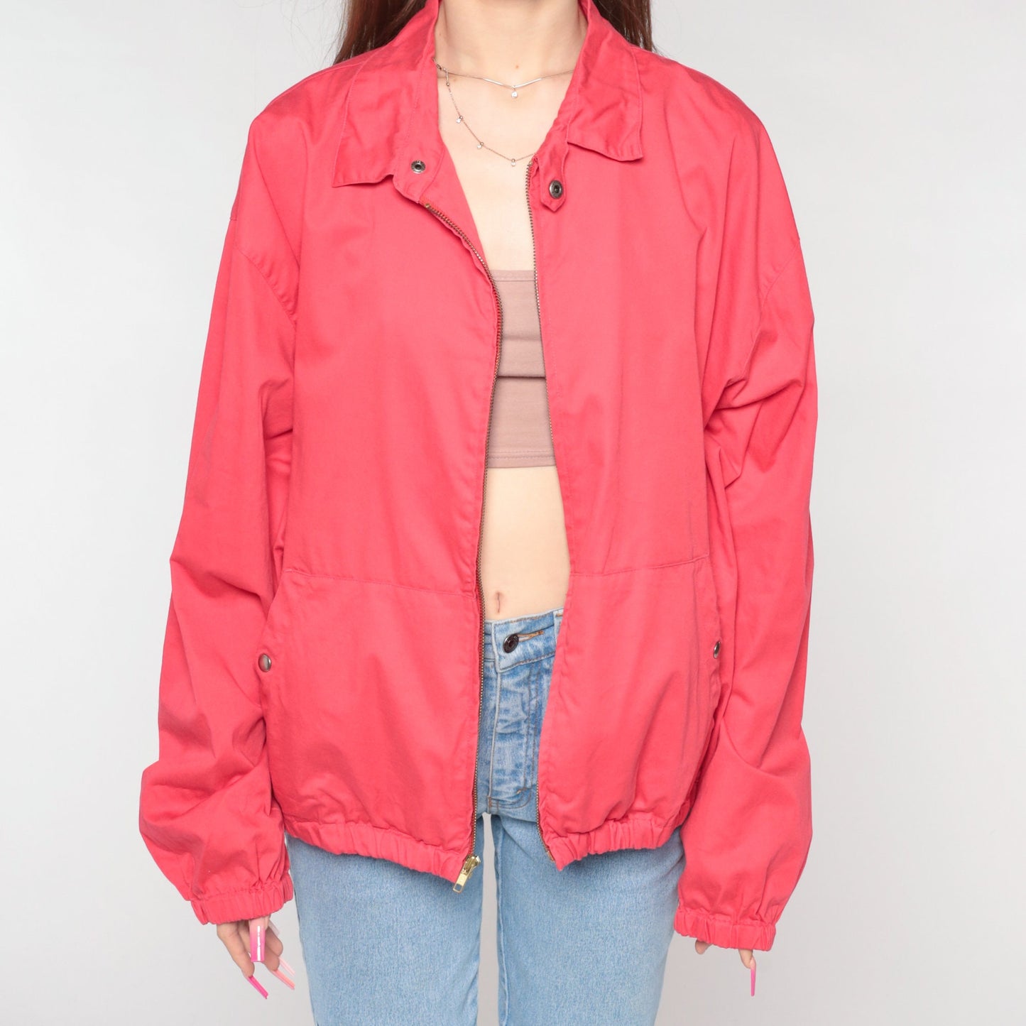 90s Red Cotton Windbreaker Jacket Zip Up Collared Large L