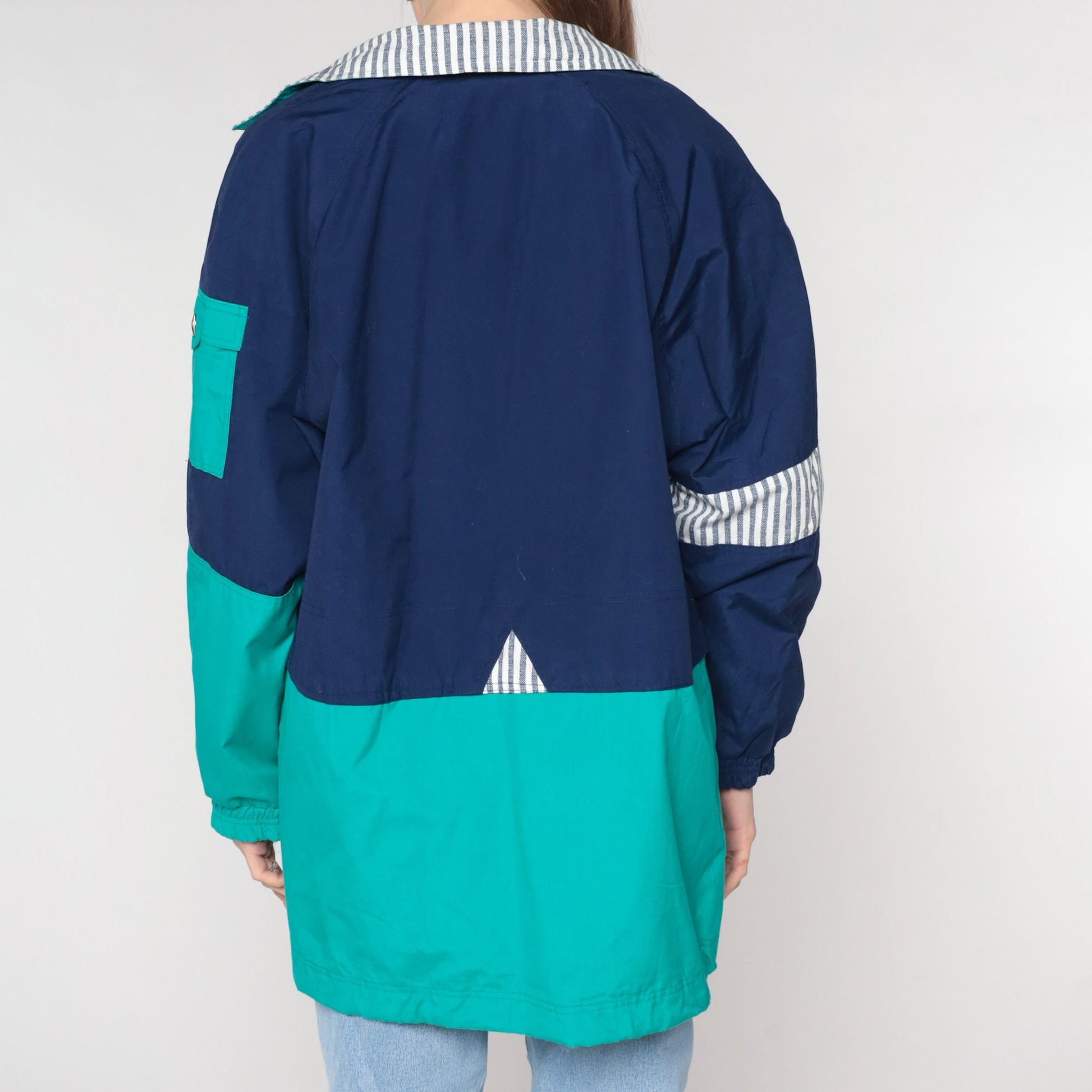 90s Blue Teal Windbreaker Jacket Cotton Blend Striped Trim Medium