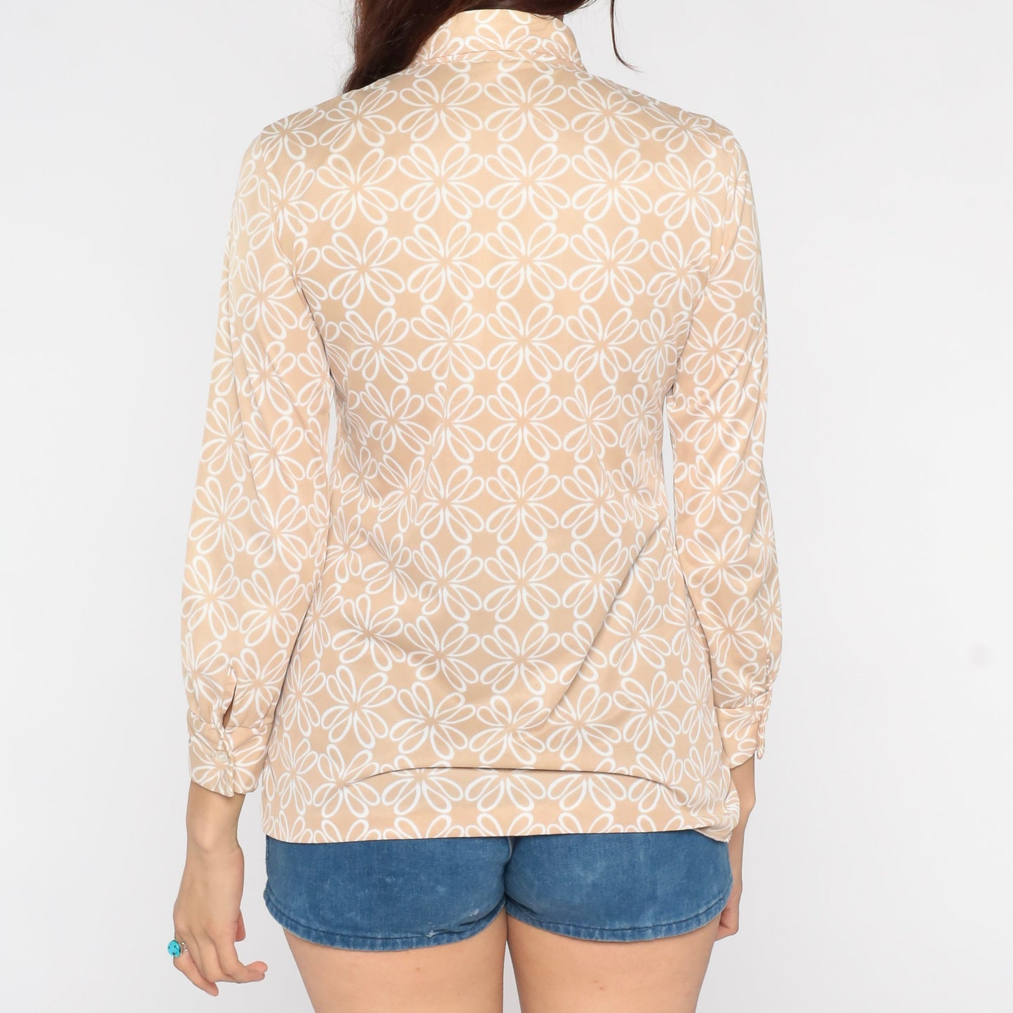70s Vera Abstract Floral Button-Up Shirt Tan Pointed Collar Long Sleeve Small