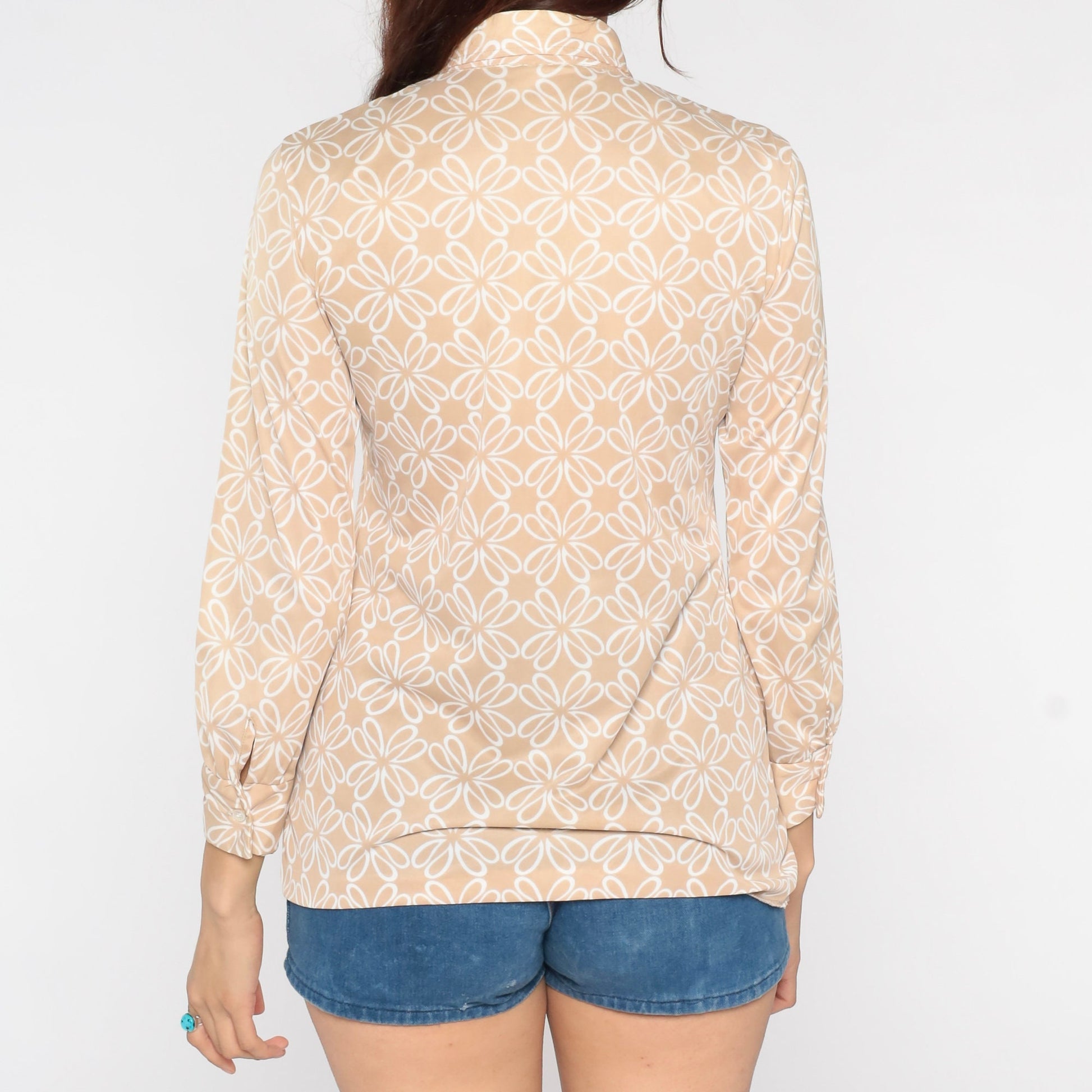 70s Vera Abstract Floral Button-Up Shirt Tan Pointed Collar Long Sleeve Small