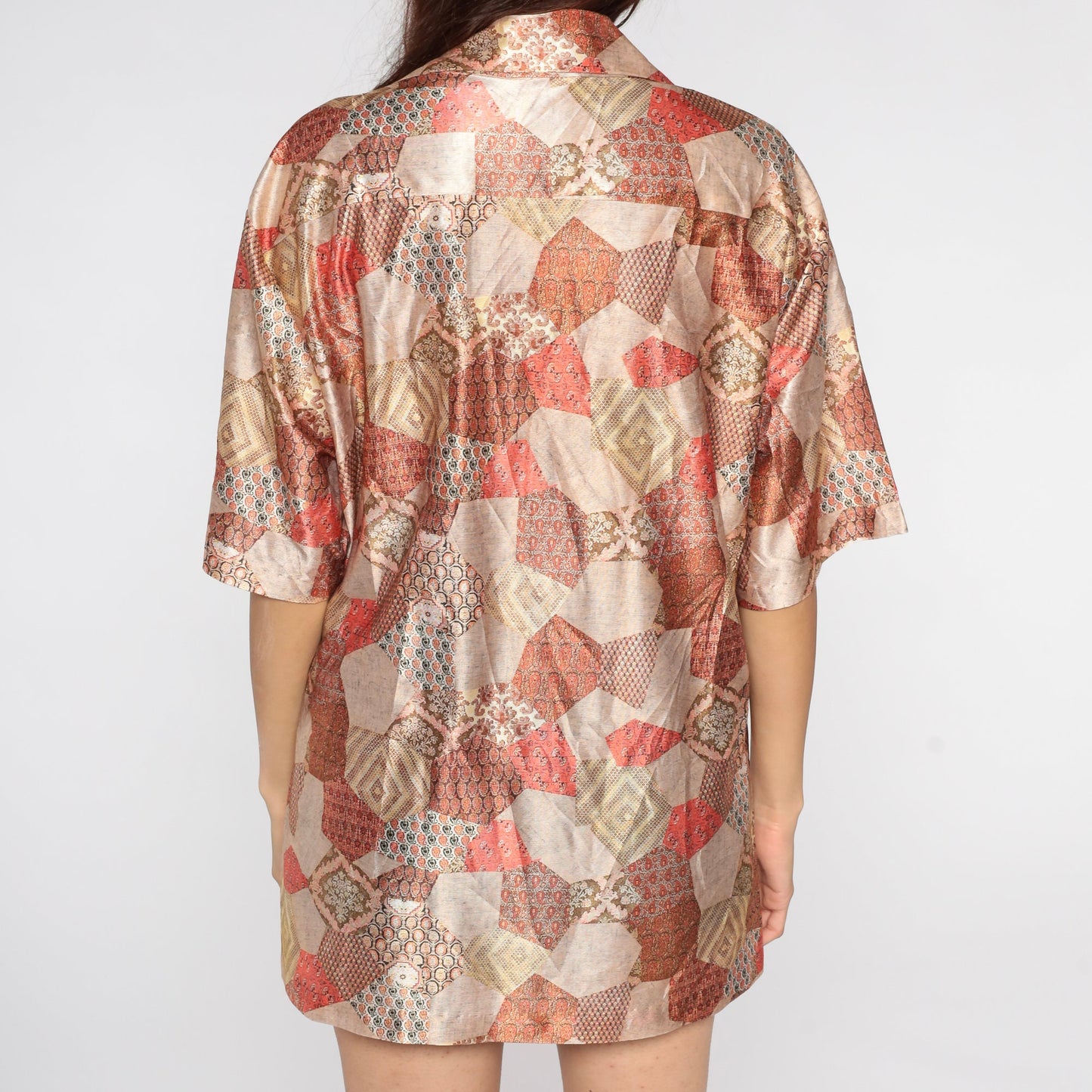 70s Patchwork Paisley Zip Shirt Short Sleeve Psychedelic Blouse Large