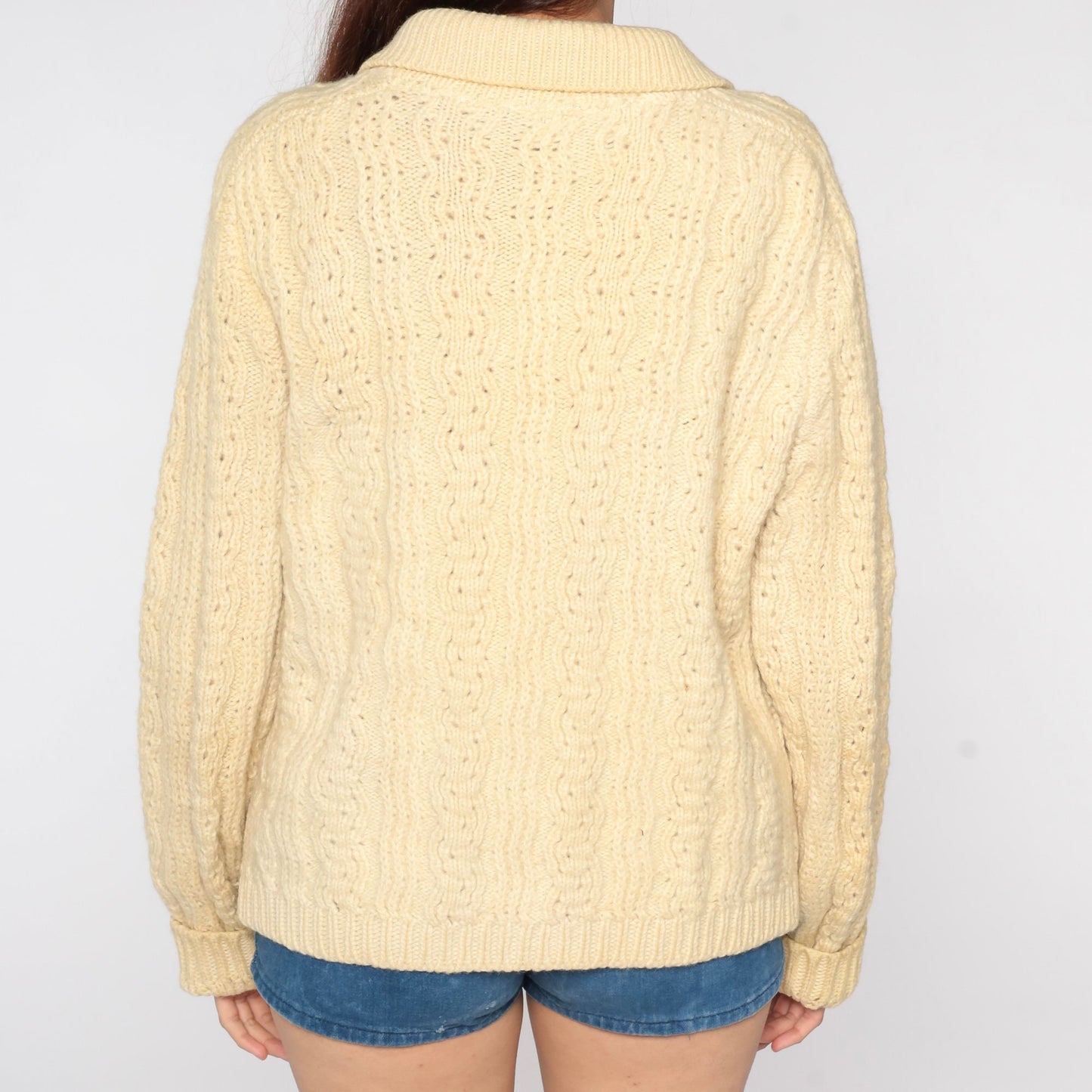 70s Cream Wool Cable Knit Cardigan Zip-Up Fisherman Sweater Large