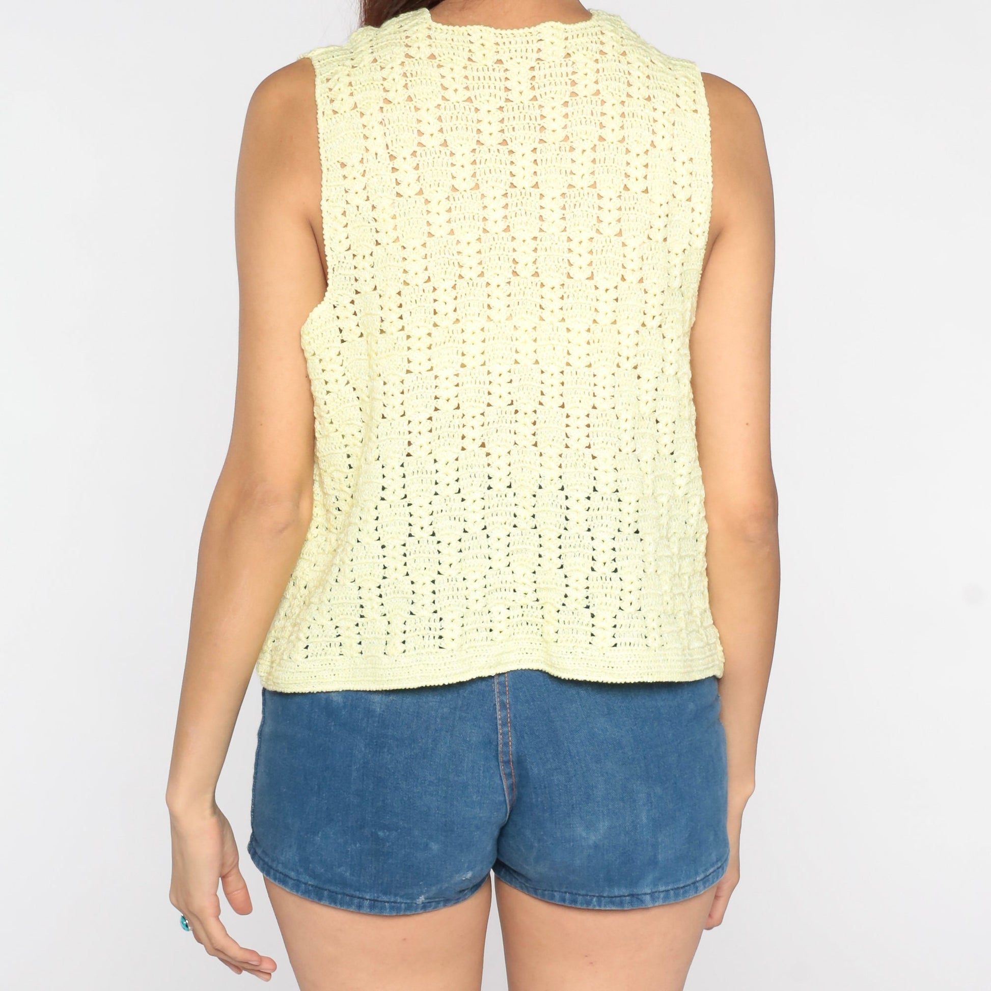 70s Crochet Vest Pale Yellow Knit Open Front Sleeveless Small