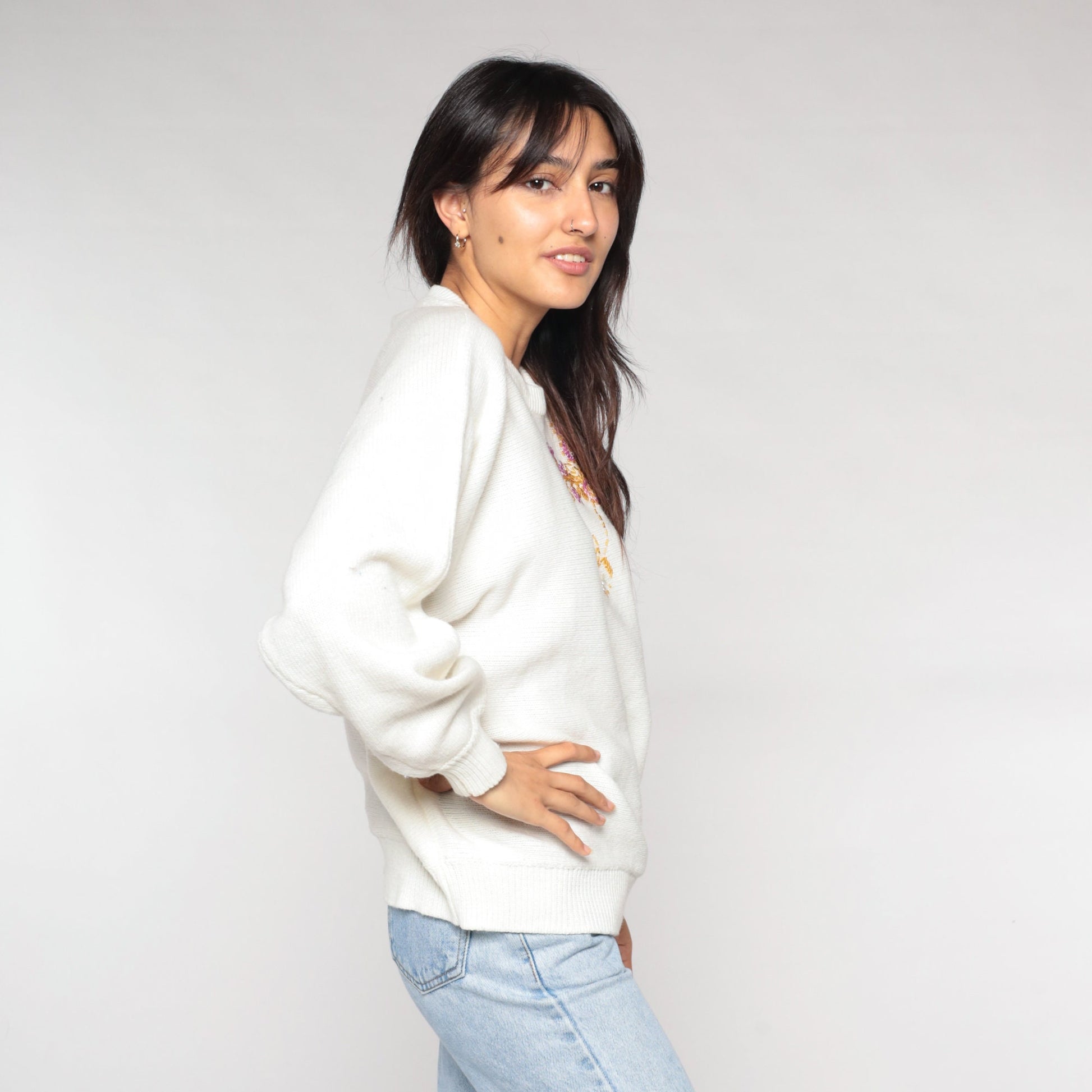 90s White Floral Sequin Beaded Sweater Dolman Sleeve Knit Large